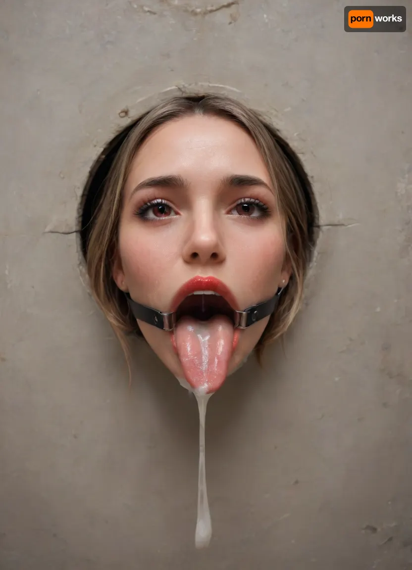 (futuristic space station:1.1), (top view:1.4), ((lower body hidden in a silver bdsm machine:1.7)), ((sticking through the wall:1.7)), (mouth sticking out of a comfortable bdsm machine:1.7), (only mouth visible:1.7), ., (gag with a wide mouth expander ring:1.7), (focus on the very wide open mouth:1.7), (happy:1.7), (thin false red lips:1.6), (rounded tongue at the end:1.5), (light pink flat wide tongue:1.6), ((very long tone:1.7)), (lots of liquid cum in mouth:1.5), (white teeth:1.2), (cum on face:1.3), (backlight, directed at the throat:1.4), free use, (sperm everywhere, near the head:1.1), (sexuality:1.4), (very satisfied), (large colored inscriptions on the wall), (perfect composition of light and shadows:1.1), (tip of tongue clamped in a clamp:1.5), (masterpiece:1.3), professional color photography, ray tracing, high resolution, zavy-hlbckdrp, hole, through, foreground, <lora:zavy-hlbckdrp-sdxl:.8>