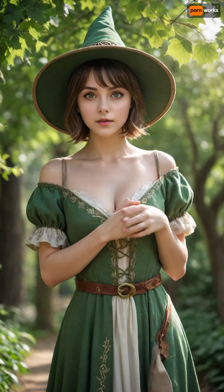 Realistic photography, Fantasy, magical, medieval, solo, 1girl, mage, mage robe, short dress, mage hat, leaf designs, short hair, round face, big bright eyes, broad shoulder, deep collarbone, squeezed cleavage, slim waist, calm, alluring, detail background, backlight, green nature magic circle, vines, leaf, tree, <lora:EnvyCuteSliderXL01:2>
