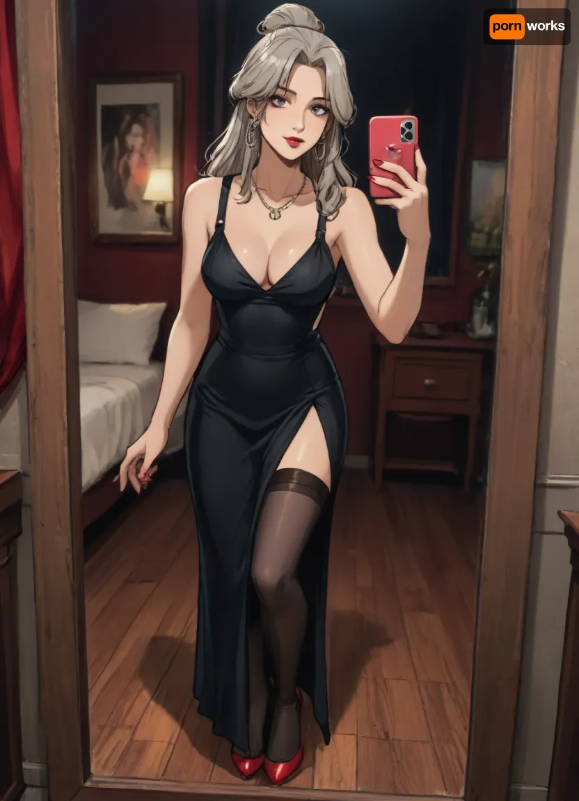 Score_9, score_8_up, score_7_up, reiq meets markgavatino art style, 45 year old, grey hair, MILF, classy older woman, red fingernails, red lipstick, long hair in messy bun, medium chest, standing in colourful bedroom, leaning forward, taking a selfie, holding mobile phone, full length mirror, long evening black gown, necklace, high slit, stockings, suspenders, red high heels, down blouse, cleavage, ((flirty)), confident sexy pose, detailed background, nighttime, dim lighting, evening, cute, doodle, ratatatat74, <lora:cutedoodle_XL-000012:.8>, <lora:ratatatat74-000050:.8>, <lora:NEOTOKIOXL_0.2_RC:.8>, <lora:outline_xl_kohaku_delta_spv5x:.8> Score_9, score_8_up, score_7_up, reiq meets markgavatino art style, 45 year old, grey hair, MILF, classy older woman, red fingernails, red lipstick, long hair in messy bun, medium chest, standing in colourful bedroom, leaning forward, taking a selfie, holding mobile phone, full length mirror, long evening black gown, necklace, high slit, stockings, suspenders, red high heels, down blouse, cleavage, ((flirty)), confident sexy pose, detailed background, nighttime, dim lighting, evening, cute, doodle, ratatatat74, <lora:cutedoodle_XL-000012:.8>, <lora:ratatatat74-000050:.8>, <lora:NEOTOKIOXL_0.2_RC:.8>, <lora:outline_xl_kohaku_delta_spv5x:.8>
