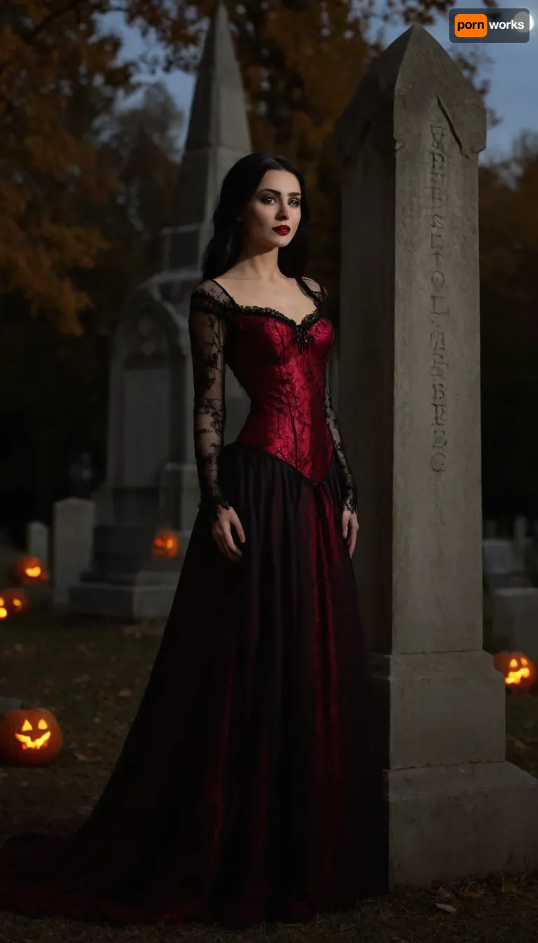 Dim cinematic moody lighting, professional photo, highly detailed, horror, 4k, canon dslr, 3/4 view, beautiful sexy very slender 33 year old woman, (leaning against a stone obelisk in a Gothic cemetery), elegant black Victorian gown adorned with red lace, (hoopdress), (eerie smile), pale ghostly skin, long black hair, gothic makeup, black lipstick, model pose, shallow depth of field, (Background, Halloween, outdoors, glowing jack-o-lanterns, moonlight, autumn), ((spiderwebs, cobwebs)), flat chested, lewaru, <lora:flat_chested_v3.5:.8>, <lora:add-detail-xl:1.3>, <lora:LeanWithArmUp.1.0:1.3>, <lora:bab4d033-acad-4a4e-b6fa-5dda2bad3471.TA_trained:1.7>