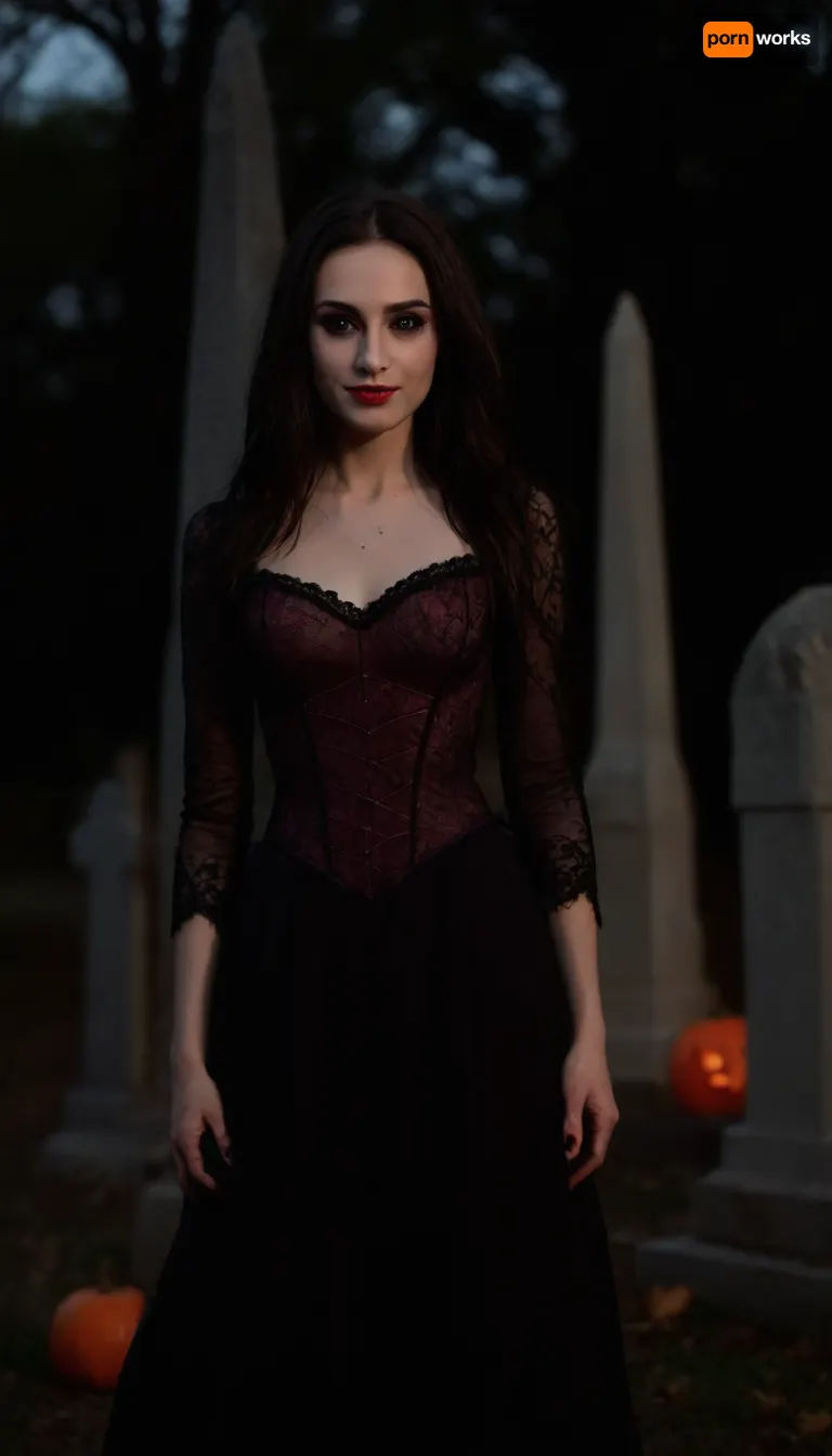 Dim cinematic moody lighting, professional photo, highly detailed, horror, 4k, canon dslr, 3/4 view, beautiful sexy very slender 33 year old woman, (leaning against a stone obelisk in a Gothic cemetery), elegant black Victorian gown adorned with red lace, (hoopdress), (eerie tilted smile:1.5), firelight, pale ghostly skin, long black hair, gothic makeup, black lipstick, model pose, shallow depth of field, (Background, Halloween, outdoors, glowing jack-o-lanterns, moonlight, autumn), ((spiderwebs, cobwebs)), flat chested, lewaru, (black sclera eyes:1.5), <lora:flat_chested_v3.5:.8>, <lora:add-detail-xl:1.3>, <lora:LeanWithArmUp.1.0:1.3>, <lora:bab4d033-acad-4a4e-b6fa-5dda2bad3471.TA_trained:1.7>, <lora:black sclera:2>