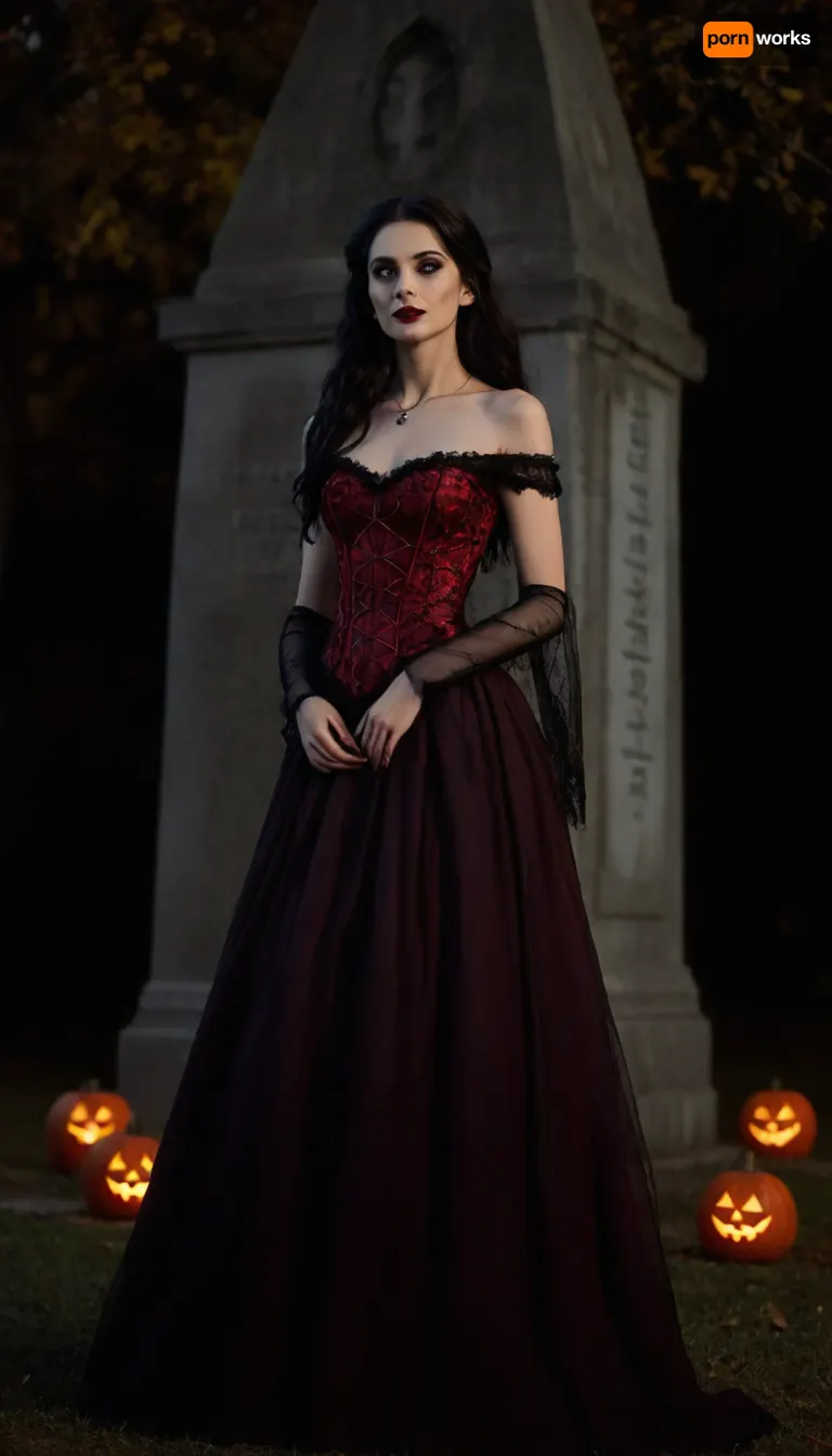 Dim cinematic moody lighting, professional photo, highly detailed, horror, 4k, canon dslr, 3/4 view, beautiful sexy very slender 33 year old woman, (leaning against a stone obelisk in a Gothic cemetery), elegant black Victorian gown adorned with red lace, (hoopdress), (eerie tilted smile), firelight, pale ghostly skin, long black hair, gothic makeup, black lipstick, model pose, shallow depth of field, (Background, Halloween, outdoors, glowing jack-o-lanterns, moonlight, autumn), ((spiderwebs, cobwebs)), flat chested, lewaru, <lora:flat_chested_v3.5:.8>, <lora:add-detail-xl:1.3>, <lora:LeanWithArmUp.1.0:1.3>, <lora:bab4d033-acad-4a4e-b6fa-5dda2bad3471.TA_trained:1.7>