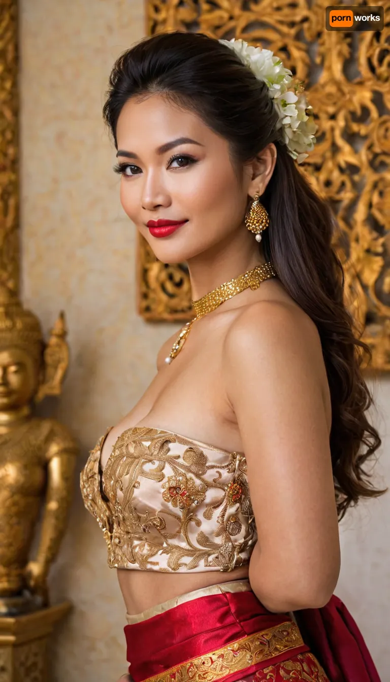 A randomly generated image of HYPER FOCUSED DETAILED PORTRAIT FULLBODY PHOTOGRAPH — Sexy Asian MILF Maiden, Sophisticated beautiful refined Thai Princess elegant maiden, sexy petite voluptuous thin curvy body-figure, tanned skin, brown eyes, absurdly long redhead hair, long voluminous hair length, long wavy elegant hairstyle, angular jawline, defined jawline, small nose, full lips, bimbo red lipstick, bimbo seductress makeup, thin eyebrows, arched eyebrows, wrinkled face, laugh lines with crow’s-feet worry lines, realistic appearance, hourglass physique, voluptuous thin waist body, exaggerated proportions, enormous silicone breasts, anorexic physique, bulimic body, thin frail body with plastic surgery, Cosmetic surgery body, Brazilian-butt-lifted ass, long manicured nails, wearing expensive jewelry, adorned with golden jewelry, slutty diamond broach choker, Traditional Khmer Laotian Sabai Skirt, Traditional Khmer Wedding attire, Traditional Thai Shoulder-Wrap-Style Clothing-Mae-Karakade, Thai Shoulder Wrap Shawl Traditional attire, Lao Sinh with sash and cross body shawl, Traditional-shoulder-wrap Pink-&-Gold Thai Women Skirt, appearance is similar to a Asian-courtesan-khmer-princess, dressed as elegant-bridal-khmer Thai-princess, submissive smile, flirty expression, wearing asian sandals, full body portrait, award winning photo, 8k resolution, absurdres, sharp focus, masterpiece, high resolution, Fujifilm XT3, RAW photo, photorealistic, HDR, Candid photo, ultimate realism, Seductive Erotic expression, Orgasmic Passionate face expression, Sexually Satisfied face expression, BABE large fake lips, Botox lip fillers, seductive red lipstick, red sparkling glitter lipgloss, sexy seductive smile, perfect teeth, realistic teeth smiling face, skinny body, thin hourglass figure with wide hips, unrealistically thin hourglass voluptuous bodacious body, skinny face, lusciously Long black-raven hair, unkept messy disheveled hairstyle, no makeup, smeared mascara on face, outfit with choker and fine jewelry, enticing bosom cleavage, cleavage seduction, perfect body, pubic hair, hairy vagina bush, girl’s unshaven cunt, realistic detailed eyes, large juicy lips, huge bimbo lips, realistic detailed face, hi-resolution face, hyper focused detailed face, realistic detailed face pores, realistically perfect detailed teeth, realistic detailed skin, (highly detailed face:1.3)