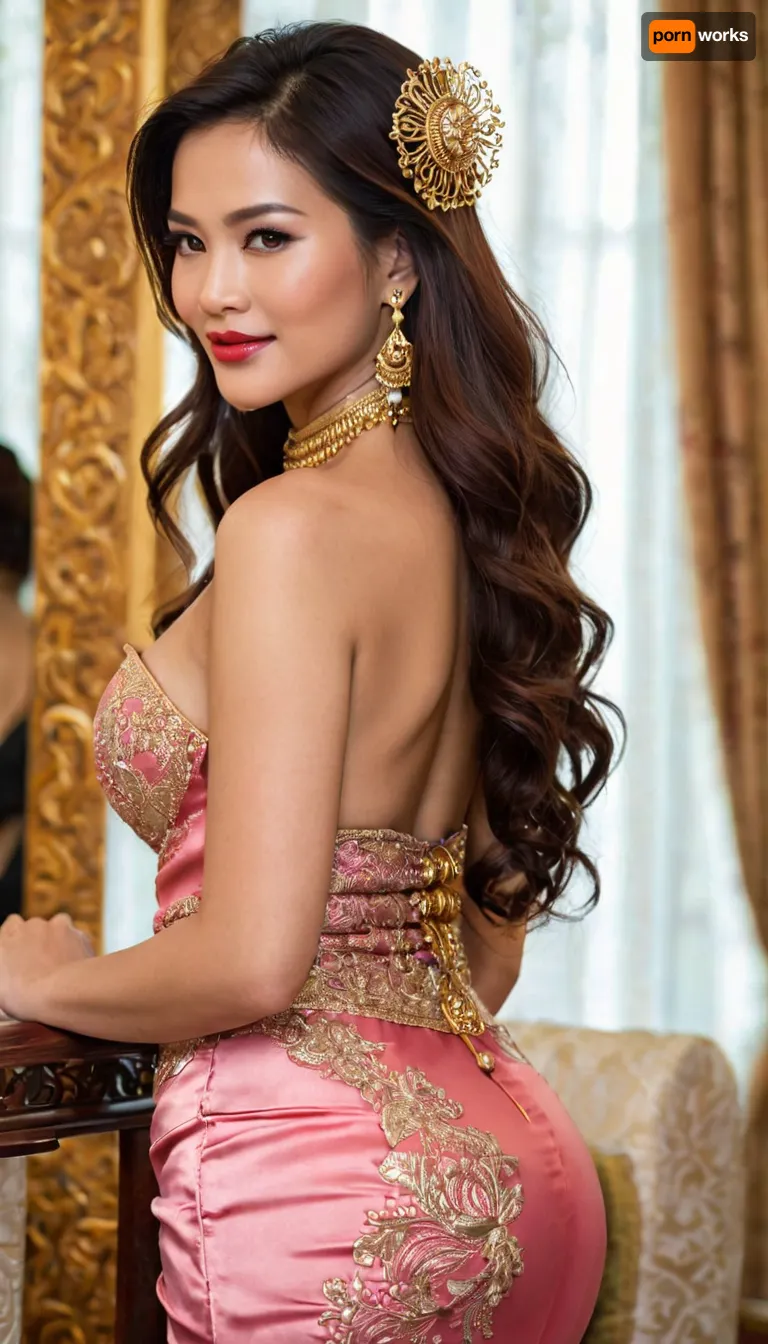 A randomly generated image of HYPER FOCUSED DETAILED PORTRAIT FULLBODY PHOTOGRAPH — Sexy Asian MILF Maiden, Sophisticated beautiful refined Thai Princess elegant maiden, sexy petite voluptuous thin curvy body-figure, tanned skin, brown eyes, absurdly long redhead hair, long voluminous hair length, long wavy elegant hairstyle, angular jawline, defined jawline, small nose, full lips, bimbo red lipstick, bimbo seductress makeup, thin eyebrows, arched eyebrows, wrinkled face, laugh lines with crow’s-feet worry lines, realistic appearance, hourglass physique, voluptuous thin waist body, exaggerated proportions, enormous silicone breasts, anorexic physique, bulimic body, thin frail body with plastic surgery, Cosmetic surgery body, Brazilian-butt-lifted ass, long manicured nails, wearing expensive jewelry, adorned with golden jewelry, slutty diamond broach choker, Traditional Khmer Laotian Sabai Skirt, Traditional Khmer Wedding attire, Traditional Thai Shoulder-Wrap-Style Clothing-Mae-Karakade, Thai Shoulder Wrap Shawl Traditional attire, Lao Sinh with sash and cross body shawl, Traditional-shoulder-wrap Pink-&-Gold Thai Women Skirt, appearance is similar to a Asian-courtesan-khmer-princess, dressed as elegant-bridal-khmer Thai-princess, submissive smile, flirty expression, wearing asian sandals, full body portrait, award winning photo, 8k resolution, absurdres, sharp focus, masterpiece, high resolution, Fujifilm XT3, RAW photo, photorealistic, HDR, Candid photo, ultimate realism, Seductive Erotic expression, Orgasmic Passionate face expression, Sexually Satisfied face expression, BABE large fake lips, Botox lip fillers, seductive red lipstick, red sparkling glitter lipgloss, sexy seductive smile, perfect teeth, realistic teeth smiling face, skinny body, thin hourglass figure with wide hips, unrealistically thin hourglass voluptuous bodacious body, skinny face, lusciously Long black-raven hair, unkept messy disheveled hairstyle, no makeup, smeared mascara on face, outfit with choker and fine jewelry, enticing bosom cleavage, cleavage seduction, perfect body, pubic hair, hairy vagina bush, girl’s unshaven cunt, realistic detailed eyes, large juicy lips, huge bimbo lips, realistic detailed face, hi-resolution face, hyper focused detailed face, realistic detailed face pores, realistically perfect detailed teeth, realistic detailed skin, (highly detailed face:1.3)