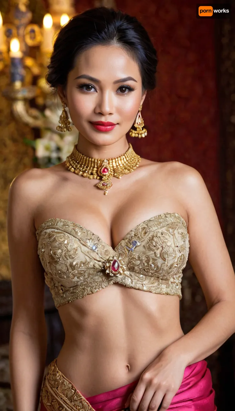 A randomly generated image of HYPER FOCUSED DETAILED PORTRAIT FULLBODY PHOTOGRAPH — Sexy Asian MILF Maiden, Sophisticated beautiful refined Thai Princess elegant maiden, sexy petite voluptuous thin curvy body-figure, tanned skin, brown eyes, absurdly long black hair, long voluminous hair length, long wavy elegant hairstyle, angular jawline, defined jawline, small nose, full lips, bimbo red lipstick, bimbo seductress makeup, thin eyebrows, arched eyebrows, wrinkled face, laugh lines with crow’s-feet worry lines, realistic appearance, hourglass physique, voluptuous thin waist body, exaggerated proportions, enormous silicone breasts, anorexic physique, bulimic body, thin frail body with plastic surgery, Cosmetic surgery body, Brazilian-butt-lifted ass, long manicured nails, wearing expensive jewelry, adorned with golden jewelry, slutty diamond broach choker, Traditional Khmer Laotian Sabai Skirt, Traditional Khmer Wedding attire, Traditional Thai Shoulder-Wrap-Style Clothing-Mae-Karakade, Thai Shoulder Wrap Shawl Traditional attire, Lao Sinh with sash and cross body shawl, Traditional-shoulder-wrap Pink-&-Gold Thai Women Skirt, appearance is similar to a Asian-courtesan-khmer-princess, dressed as elegant-bridal-khmer Thai-princess, submissive smile, flirty expression, wearing asian sandals, full body portrait, award winning photo, 8k resolution, absurdres, sharp focus, masterpiece, high resolution, Fujifilm XT3, RAW photo, photorealistic, HDR, Candid photo, ultimate realism, Seductive Erotic expression, Orgasmic Passionate face expression, Sexually Satisfied face expression, BABE large fake lips, Botox lip fillers, seductive red lipstick, red sparkling glitter lipgloss, sexy seductive smile, perfect teeth, realistic teeth smiling face, skinny body, thin hourglass figure with wide hips, unrealistically thin hourglass voluptuous bodacious body, skinny face, lusciously Long black-raven hair, unkept messy disheveled hairstyle, no makeup, smeared mascara on face, outfit with choker and fine jewelry, enticing bosom cleavage, cleavage seduction, perfect body, pubic hair, hairy vagina bush, girl’s unshaven cunt, realistic detailed eyes, large juicy lips, huge bimbo lips, realistic detailed face, hi-resolution face, hyper focused detailed face, realistic detailed face pores, realistically perfect detailed teeth, realistic detailed skin, (highly detailed face:1.3)
