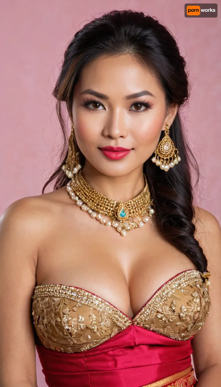 A randomly generated image of HYPER FOCUSED DETAILED PORTRAIT HEADSHOT PHOTOGRAPH — Sexy Asian MILF Maiden, Sophisticated beautiful refined Thai Princess elegant maiden, sexy petite voluptuous thin curvy body-figure, tanned skin, brown eyes, absurdly long black hair, long voluminous hair length, long wavy elegant hairstyle, angular jawline, defined jawline, small nose, full lips, bimbo red lipstick, bimbo seductress makeup, thin eyebrows, arched eyebrows, wrinkled face, laugh lines with crow’s-feet worry lines, realistic appearance, hourglass physique, voluptuous thin waist body, exaggerated proportions, enormous silicone breasts, anorexic physique, bulimic body, thin frail body with plastic surgery, Cosmetic surgery body, Brazilian-butt-lifted ass, long manicured nails, wearing expensive jewelry, adorned with golden jewelry, slutty diamond broach choker, Traditional Khmer Laotian Sabai Skirt, Traditional Khmer Wedding attire, Traditional Thai Shoulder-Wrap-Style Clothing-Mae-Karakade, Thai Shoulder Wrap Shawl Traditional attire, Lao Sinh with sash and cross body shawl, Traditional-shoulder-wrap Pink-&-Gold Thai Women Skirt, appearance is similar to a Asian-courtesan-khmer-princess, dressed as elegant-bridal-khmer Thai-princess, submissive smile, flirty expression, wearing asian sandals, full body portrait, award winning photo, 8k resolution, absurdres, sharp focus, masterpiece, high resolution, Fujifilm XT3, RAW photo, photorealistic, HDR, Candid photo, ultimate realism, Seductive Erotic expression, Orgasmic Passionate face expression, Sexually Satisfied face expression, BABE large fake lips, Botox lip fillers, seductive red lipstick, red sparkling glitter lipgloss, sexy seductive smile, perfect teeth, realistic teeth smiling face, skinny body, thin hourglass figure with wide hips, unrealistically thin hourglass voluptuous bodacious body, skinny face, lusciously Long black-raven hair, unkept messy disheveled hairstyle, no makeup, smeared mascara on face, outfit with choker and fine jewelry, enticing bosom cleavage, cleavage seduction, perfect body, pubic hair, hairy vagina bush, girl’s unshaven cunt, realistic detailed eyes, large juicy lips, huge bimbo lips, realistic detailed face, hi-resolution face, hyper focused detailed face, realistic detailed face pores, realistically perfect detailed teeth, realistic detailed skin, (highly detailed face:1.3)