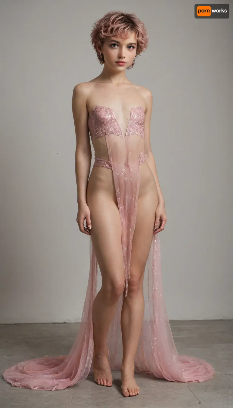 full-length-portrait, sexy feminine 18 year old male in feminine clothes with makeup, short pink pixie hair, flat chest.