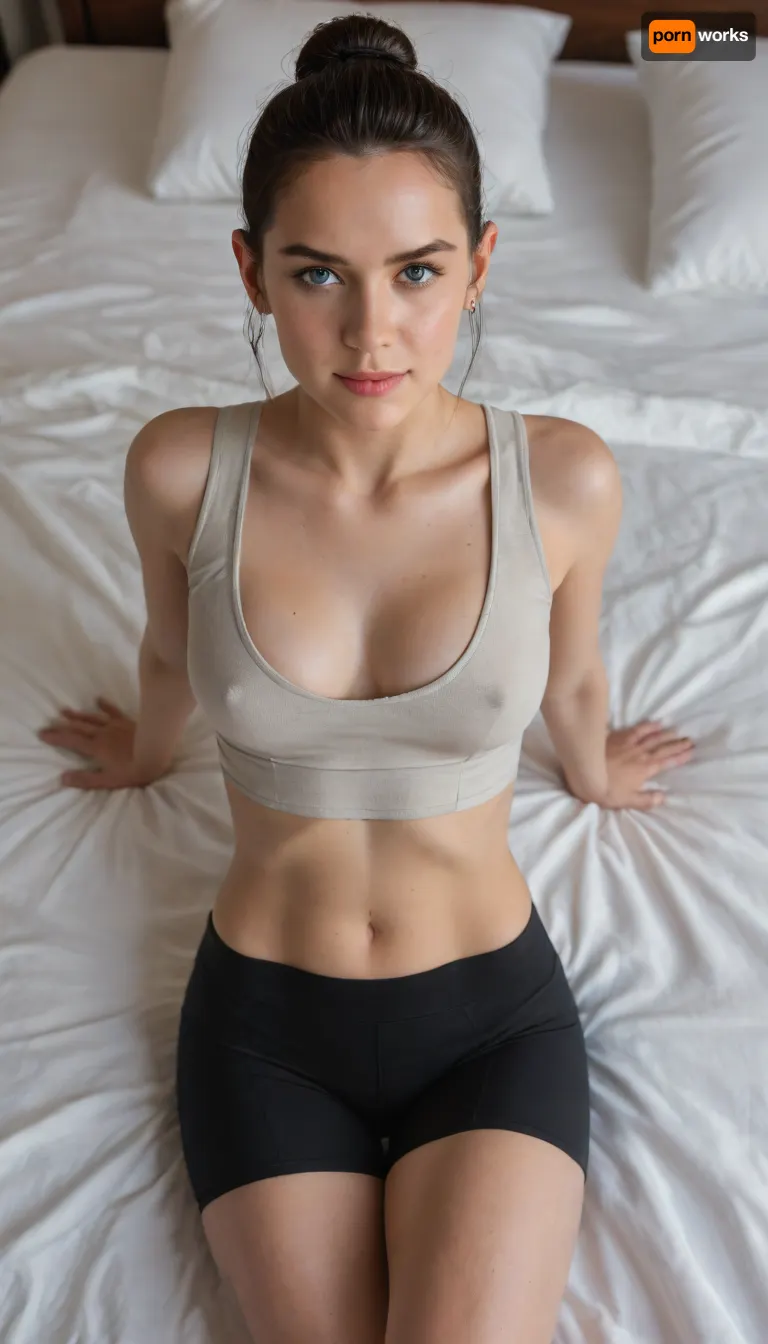 18 year old girl, medium perky breasts, round breasts, front POV, front view, toned body, tight ass, cute face, noughty smile, rey from star wars, blue eyes, realistic, ultra high definition, 8k, tight low cut crop top, big cleavage, tight bike shorts, laying on stomach, in bed, looking at viewer