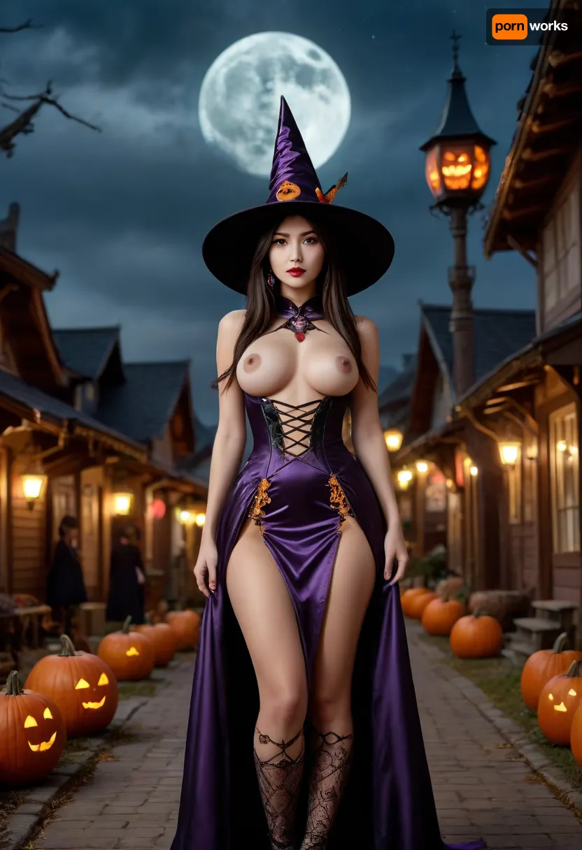 A beautiful Japanese witch, dress in a long form fitting gown adorned with mystic symbols, (breast cutout clothing:1.4), (a witch hat), glowing jack-o’-lanterns, massive full moon, (stands a European-styled small town:1.5), (Halloween celebrations with trick or treats:1.5), parents looking at the witch, dark night, (nude), (pretty face:1.8), (perfect nose:1.6), muscular body, strong legs, <lora:Midjourney Image Enhancer XL v1:.8>, <lora:2BoutOvalSDXL2-000002:1.4>