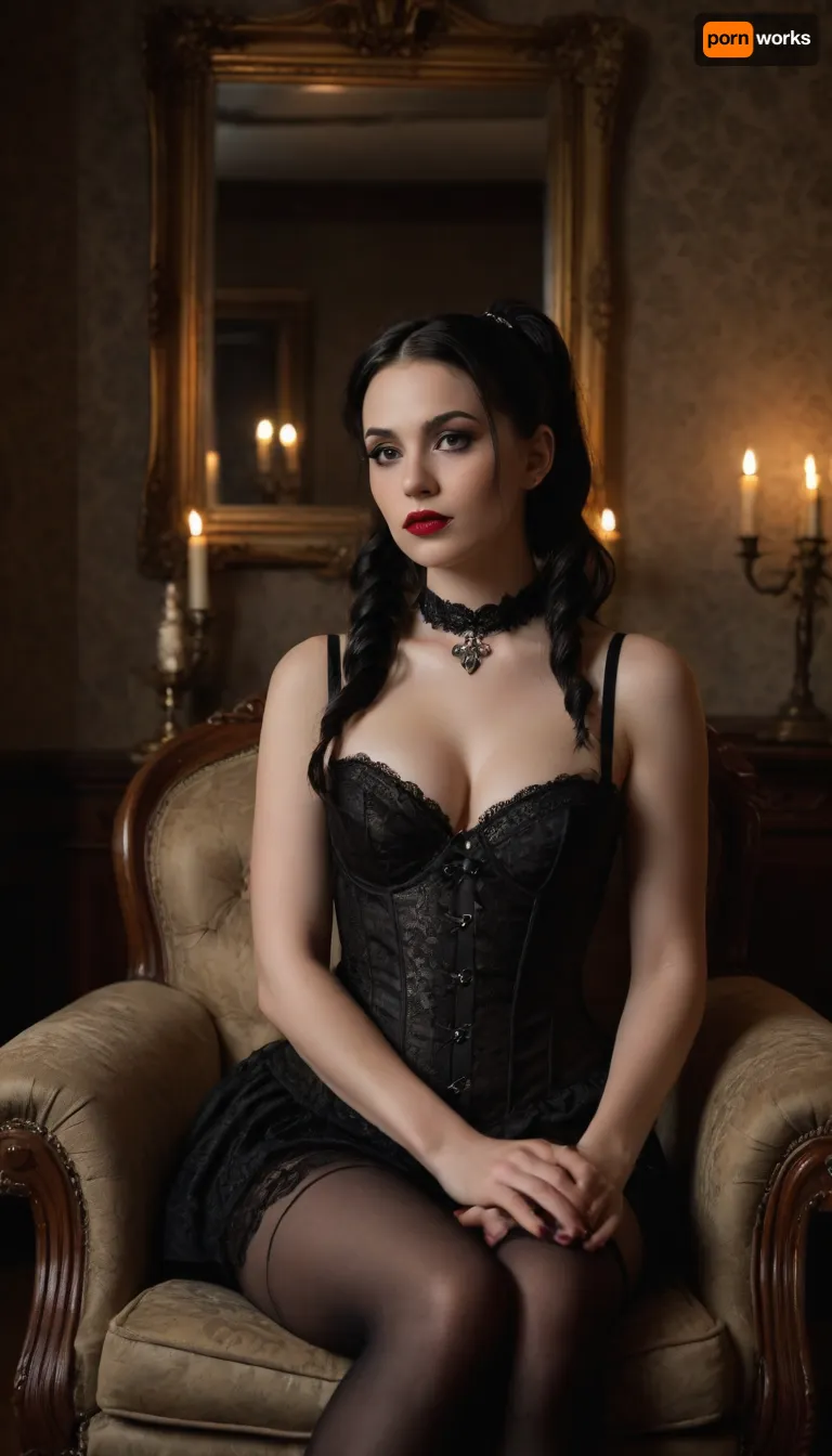 A stunningly beautiful escort model 35 y.o. named Laura, big tits, with long black hair. This is a highly detailed, realistic photograph of a young woman, (35yo), with a gothic aesthetic, sitting on a dark brown, tufted leather armchair in a dimly lit, vintage-style room. She has pale, porcelain-like skin and long, straight black hair styled in high pigtails. Her makeup is dramatic, featuring dark, smoky eyeshadow, thick black eyeliner, and deep red lipstick. She wears a black lace corset that accentuates her ample cleavage, paired with matching black lace panties and thigh-high stockings with lace tops. A black choker with a small, ornate silver pendant adorns her neck. Her expression is slightly melancholic, with her lips slightly parted. The background includes an old, wooden-framed mirror with a gold trim on the right, and a candlestick holder with an unlit candle on the left. The wallpaper is an aged, floral pattern in muted tones, adding to the vintage atmosphere. The texture of the armchair contrasts with the smoothness of her skin and the intricate lace of her lingerie. The overall mood of the image is mysterious and slightly melancholic, emphasizing her gothic style and the vintage setting.
