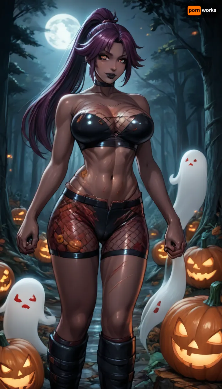 (reiq style art:1.4), (beautiful muscular yoruichi skin1.5), 1girl, solo, long hair, sexy and busty body, big breasts, ponytail, purple hair, (Black skin:1.5), (oily skin:1.1), (dark moon stars jack o lanterns pumpkins ghost nighttime forest background:1.6), (standing doing seductive pose:1.2), (Right hand holding up a thunder magic boll:1.6), long dreadlocks haircut, lustful smiling face, dark makeup, black lipstick, muscular body, defined muscles, hourglass figure, perfect round breasts, perfect round ass, defined body muscles, defined leg muscles, defined arm muscles, (bloody covered fishnet chest:1.5), (bloody covered sexy bar:1.5), (bloody covered sexy fishnet shorts:1.5), (bloody combat boots:1.3), (cuts on body:1.5), (puffy swollen labia puffier:1.3), perfect fingers, A masterpiece of the highest quality, the work of a real master, bouncing breasts, bouncing ass, style anime, inspired illustration, <lora:hentai_anime_style_xl_v1:2>, <lora:AnimatedNightmaresStyle:2>, <lora:EnvyBeautyXL02:2>