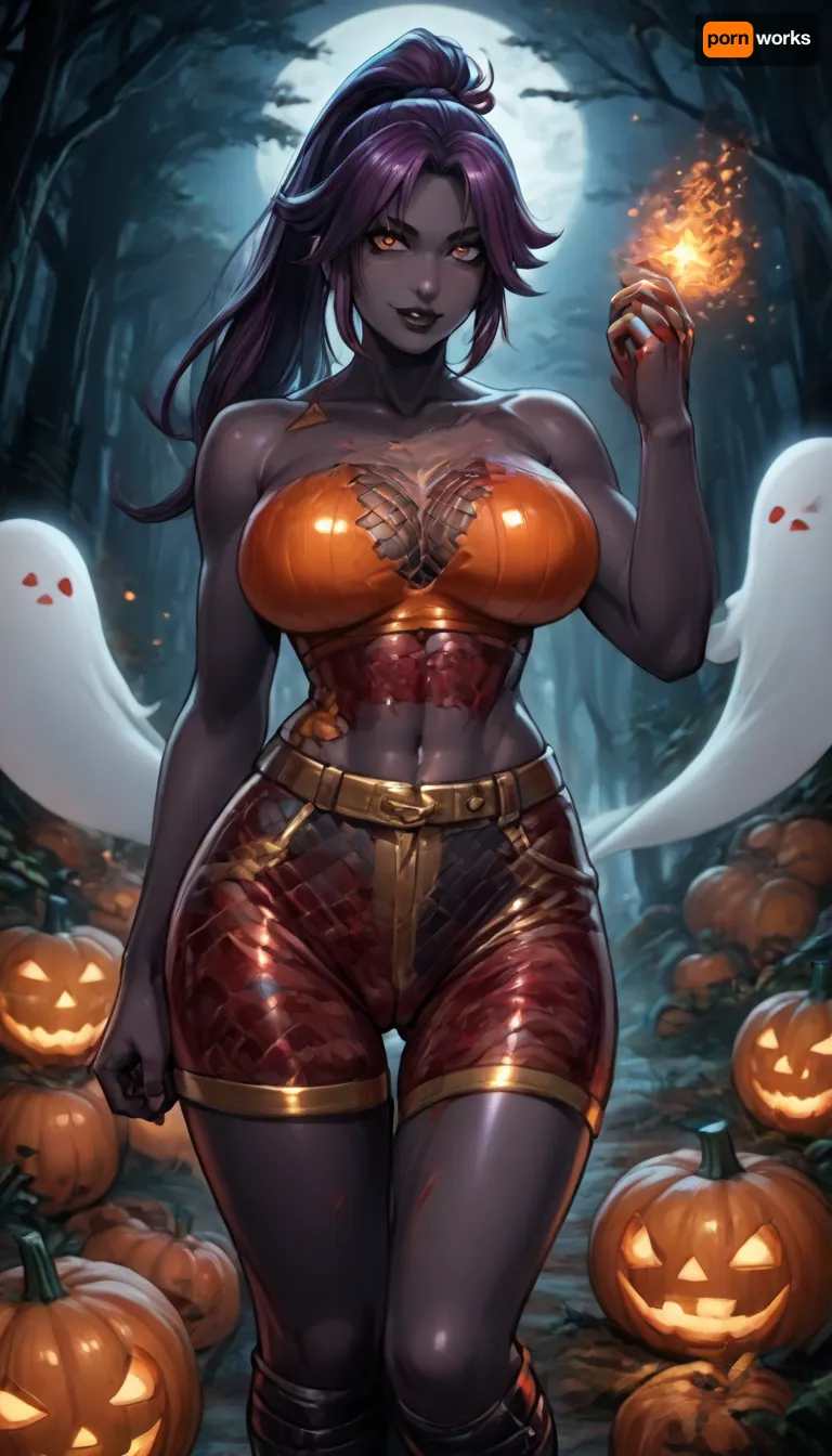 (reiq style art:1.4), (beautiful muscular yoruichi skin1.5), 1girl, solo, long hair, sexy and busty body, big breasts, ponytail, purple hair, (Black skin:1.5), (oily skin:1.1), (dark moon stars jack o lanterns pumpkins ghost nighttime forest background:1.6), (standing doing seductive pose:1.2), (Right hand holding up a gold magic boll:1.6), long dreadlocks haircut, lustful smiling face, dark makeup, black lipstick, muscular body, defined muscles, hourglass figure, perfect round breasts, perfect round ass, defined body muscles, defined leg muscles, defined arm muscles, (bloody covered fishnet chest:1.6), (bloody covered sexy bar:1.6), (bloody covered sexy fishnet shorts:1.6), (bloody combat boots:1.3), (cuts on body:1.5), (puffy swollen labia puffier:1.3), perfect fingers, A masterpiece of the highest quality, the work of a real master, bouncing breasts, bouncing ass, style anime, inspired illustration, <lora:hentai_anime_style_xl_v1:2>, <lora:AnimatedNightmaresStyle:2>, <lora:EnvyBeautyXL02:2>