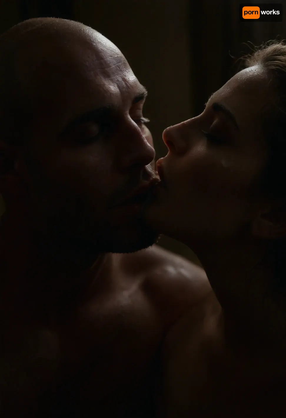 (((bald and unshave man), and woman)), slight smile, loving, woman above man, woman IS a brunette with wavy haircut, day light, woman and man looking at viewer, ((after sex)), ((kissing)), ((cum in mouth)), ((cum on both faces:1.5)), ((cum on man face:1.6)), ((embrace)), ((licking)), soft light, naked, ((cum sharing)), <lora:Men'sFacialV3.8:1.8>, <lora:476613_training_data:1.4>, <lora:dark:.1>