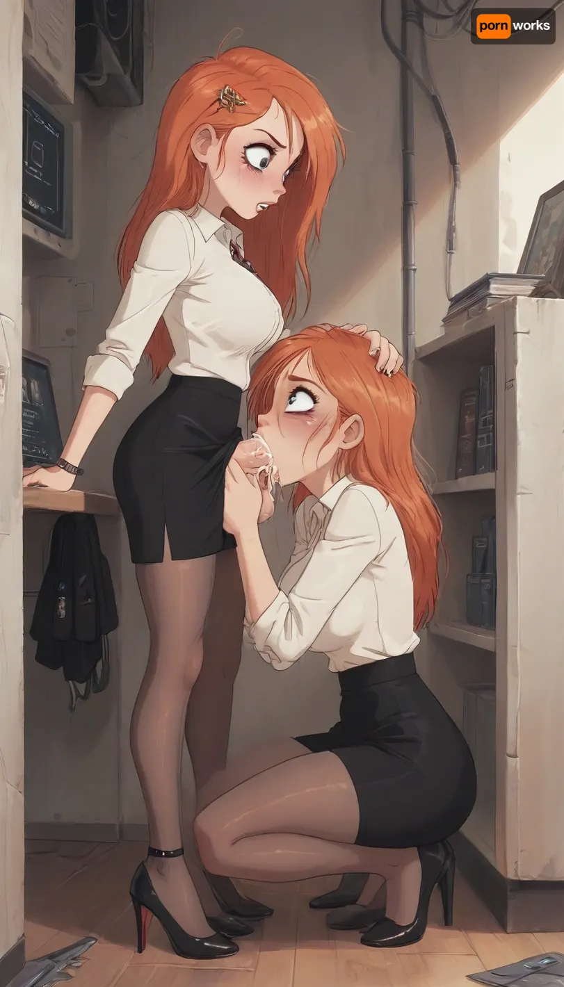 (Jack cayless art style), Sexy ginger 20 years old girl staying on her knees in front of her futanari boss, office outfit, black skirt, pantyhose, high heels, futanari boss put dick in her mouth and cum in her mouth deep throat, boss futanari holding her head, forced her head on his dick, oral sex, cartoon, low color palette, painted, illustration, made in illustrator, no gradients, incase style, concept, retro, futuristic, flat colors, masterpiece, <lora:ratatatat74-000050:.9>, <lora:outline_xl_kohaku_delta_spv5x:.5>, <lora:cartoon_stickers_xl_v1:.6>, <lora:NEOTOKIOXL_0.2_RC:.4>, <lora:DetailedEyes_V3:.6>
