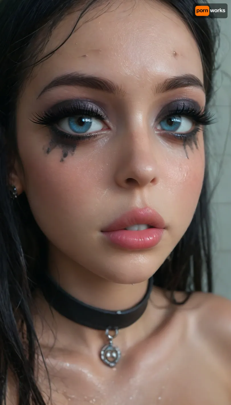 (Young petite tiny cutie girl:1.7), 35 years old, masterpiece, (shiny skin), (((close-up face:1.8))), (skinny:1.5), brown long hair, (blue eyes), (glamorous goth makeup:1.5), (looking seductively:1.6), (((very very big long eyelashes))), (very busty:1.7), (ab crack), ((wet Skin)), choker, covered long erect nipples, (in the shower), ((she is wearing fishnet stockings contrasting)), shadows, bright light patches, light caustics, (Dynamic angle:1.5), (((best quality))), amazing quality, high contrast, volumetric lighting, intricate details, view from side, woman, on, face, <lora:JustCum:.5>, (((photorealistic))), (((very big lips))), pink lipstick, <lora:illustrious_styles_v3_vpred:.1>, <lora:678016_training_data:.8>, facialized, superfacialized, <lora:facialized:.8>