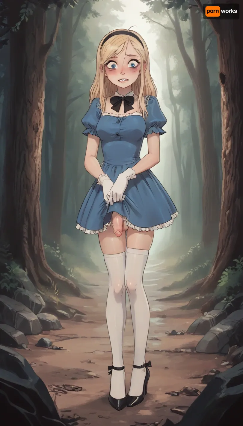 (Jack cayless art style), explicit content, (3d:.6), s1girl, solo, thighhighs, penis, white_thighhighs, gloves, blonde_hair, long_hair, futanari, blue_eyes, dress, hairband, white_gloves, looking_down, puffy_sleeves, short_sleeves, breasts, blue_dress, bow, uncensored, puffy_short_sleeves, blush, black_hairband, watermark, erection, medium_breasts, cowboy_shot, web_address, black_bow, artist_name, bowtie, dress_tug, parted_lips, short_dress, clenched_teeth, lip_biting, teeth, unexpected erection, surprise, embarassed, desperate, trying cover dick, magic forest in background, huge mushroms in background, super tall, black strip heels, 25 years old, beauty, alice in wonderland, (cartoon), tooned, cartoon, low color palette, painted, illustration, made in illustrator, no gradients, incase style, concept, retro, futuristic, flat colors, masterpiece, <lora:ratatatat74-000050:.9>, <lora:outline_xl_kohaku_delta_spv5x:.5>, <lora:cartoon_stickers_xl_v1:.6>, <lora:NEOTOKIOXL_0.2_RC:.4>, <lora:209970_training_data:.8>