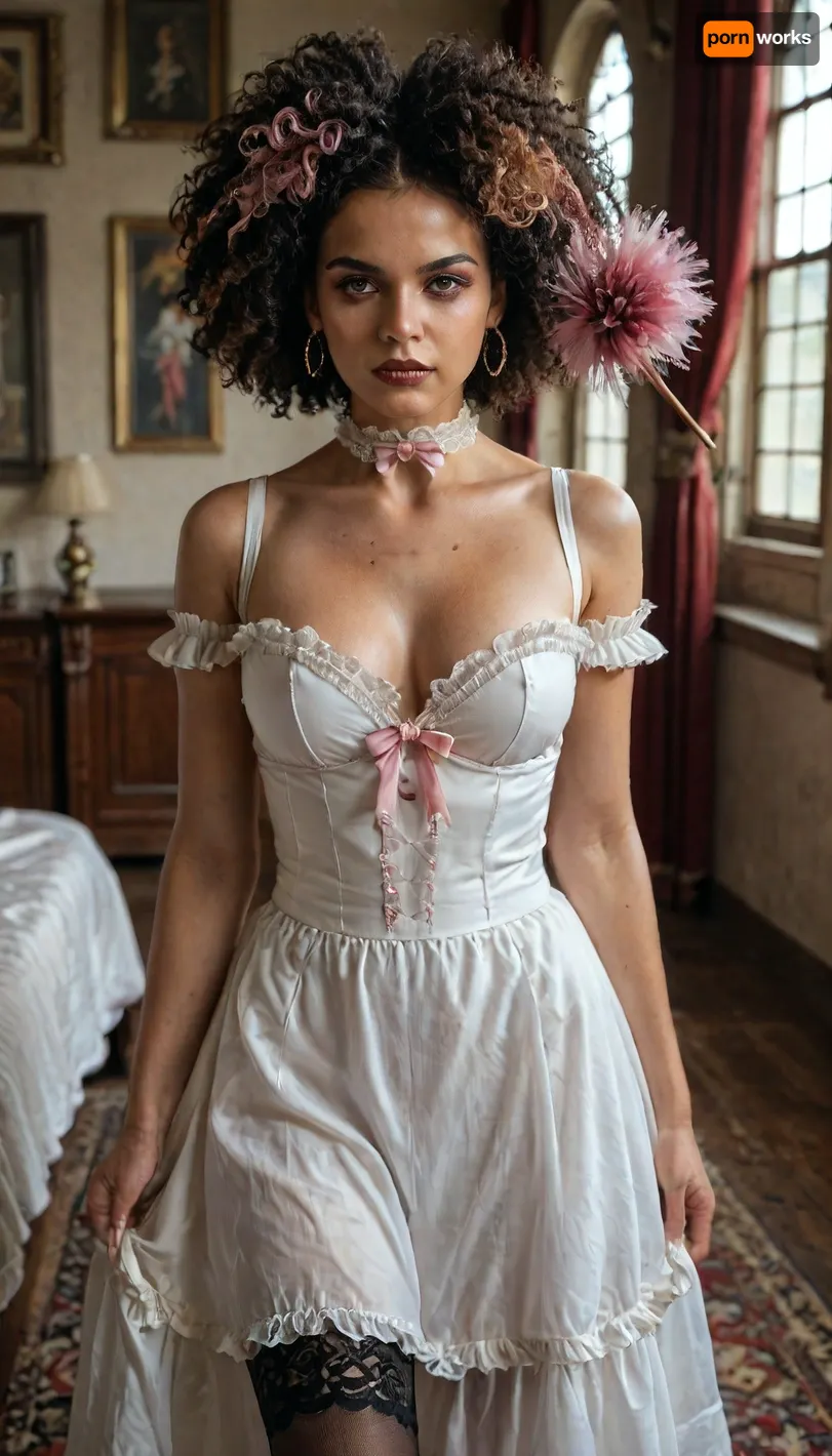 Super realistic 8k, score_9, score_8_up, score_7_up, FILM PHOTOGRAPHY STYLE, cinematic photo photo woman, professional portrait photorealism, evangelinne vampire woman, dark skin, afro black hair with pink highlights, pink eyes, black lips, dark french maid outfit, frilly black and white dress, sheer stockings with bows, laced choker, black heels, feather duster, seductive expression, gothic makeup, luxury gothic mansion interior, polished black floors, antique furniture, dim chandelier light, velvet drapes, elegant and mysterious atmosphere, <lora:detailed_notrigger:2>, <lora:add-detail-xl:.8>, <lora:LCMTurboMix_Euler_A_fix:.8>, <lora:677862_training_data:.8>