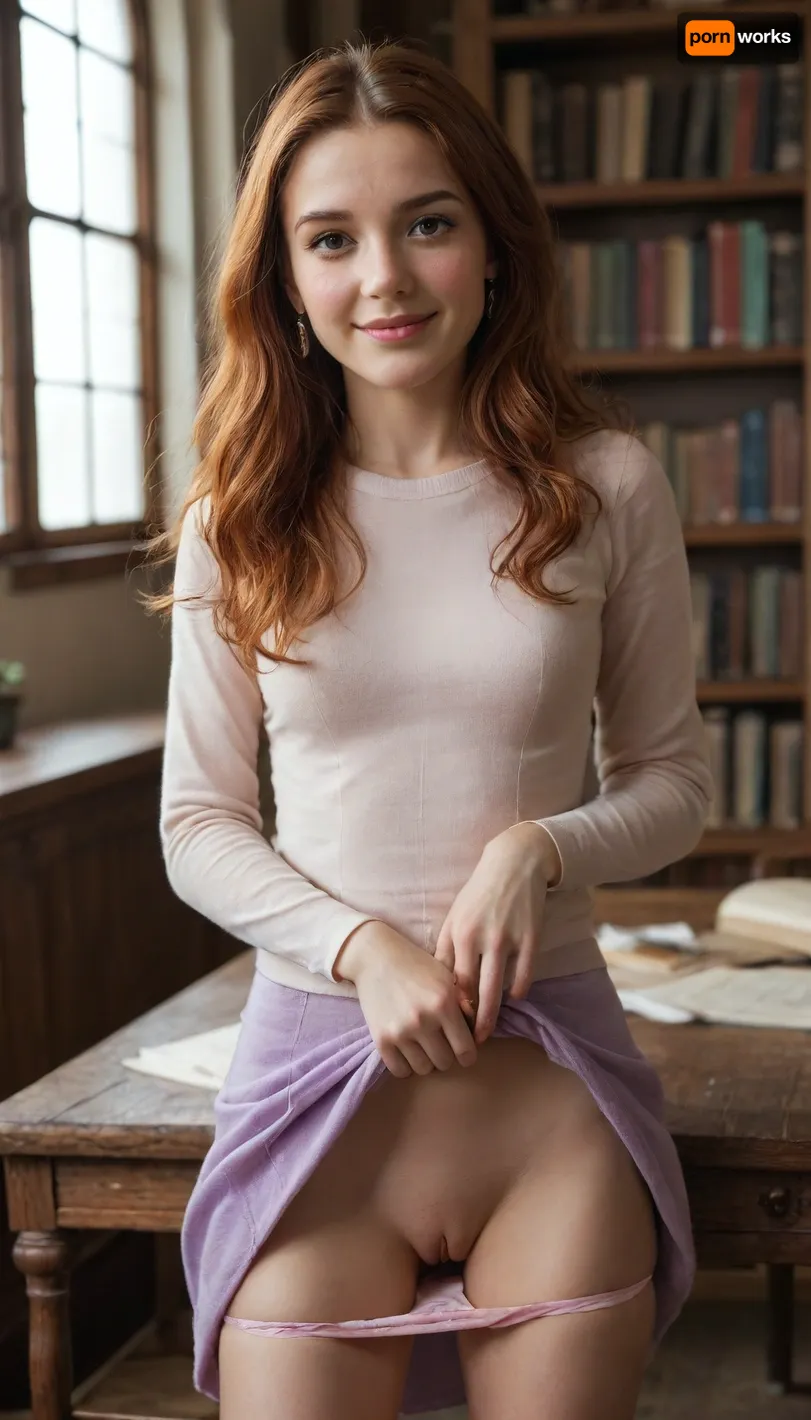 Sexy 25 yearold girl, bending on corner of desk, (young, cute, tiny, pretty, petite), (((large brown eyes))), (((long redhead hair))), Daphne Blake oufit, she lifts her skirt, her small pussy exposed, ((realistic tiny vagina)), ((ejaculating from her tiny pussy)), ((shy, smiling), (blushing:1.5)), in medieval library with books stacked on tables, ((upskirt view)), film photography, vintage, realistic, sharp focus, (very detailed), ((4K HQ)), High contrast, panties pull
