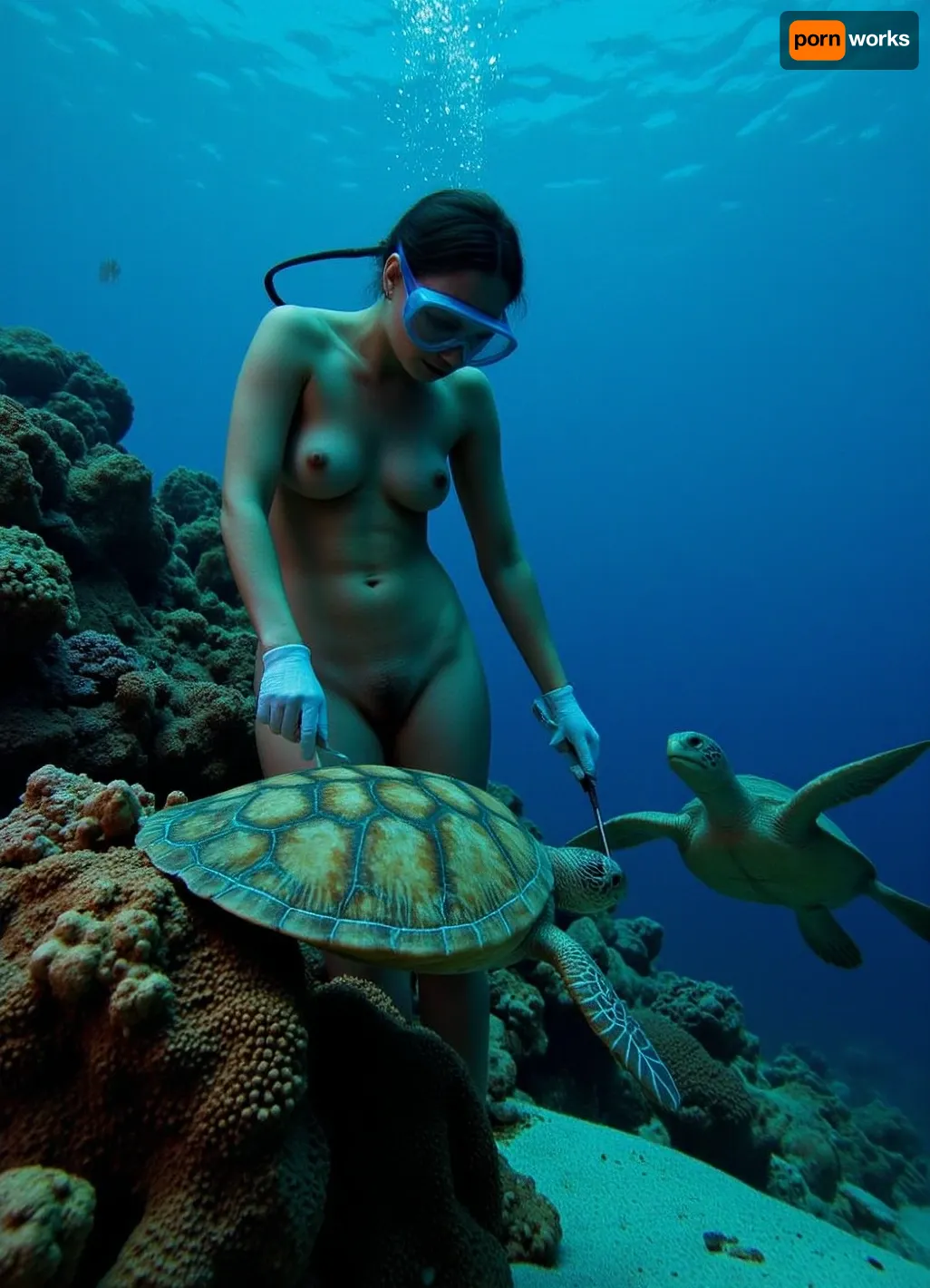 Professional photography, unusual, original, artistic, warm, slightly dark, soft professional photography {rich, very beautiful coral reef, swimming turtle, naked female diver in a mask, fins, transparent elastic suit and gloves, leaning over, studying the corals with a special tool in her hands}, close-up silhouette, Associated Press photo, editorial photo, photo of the year, soft contrast, soft saturation.