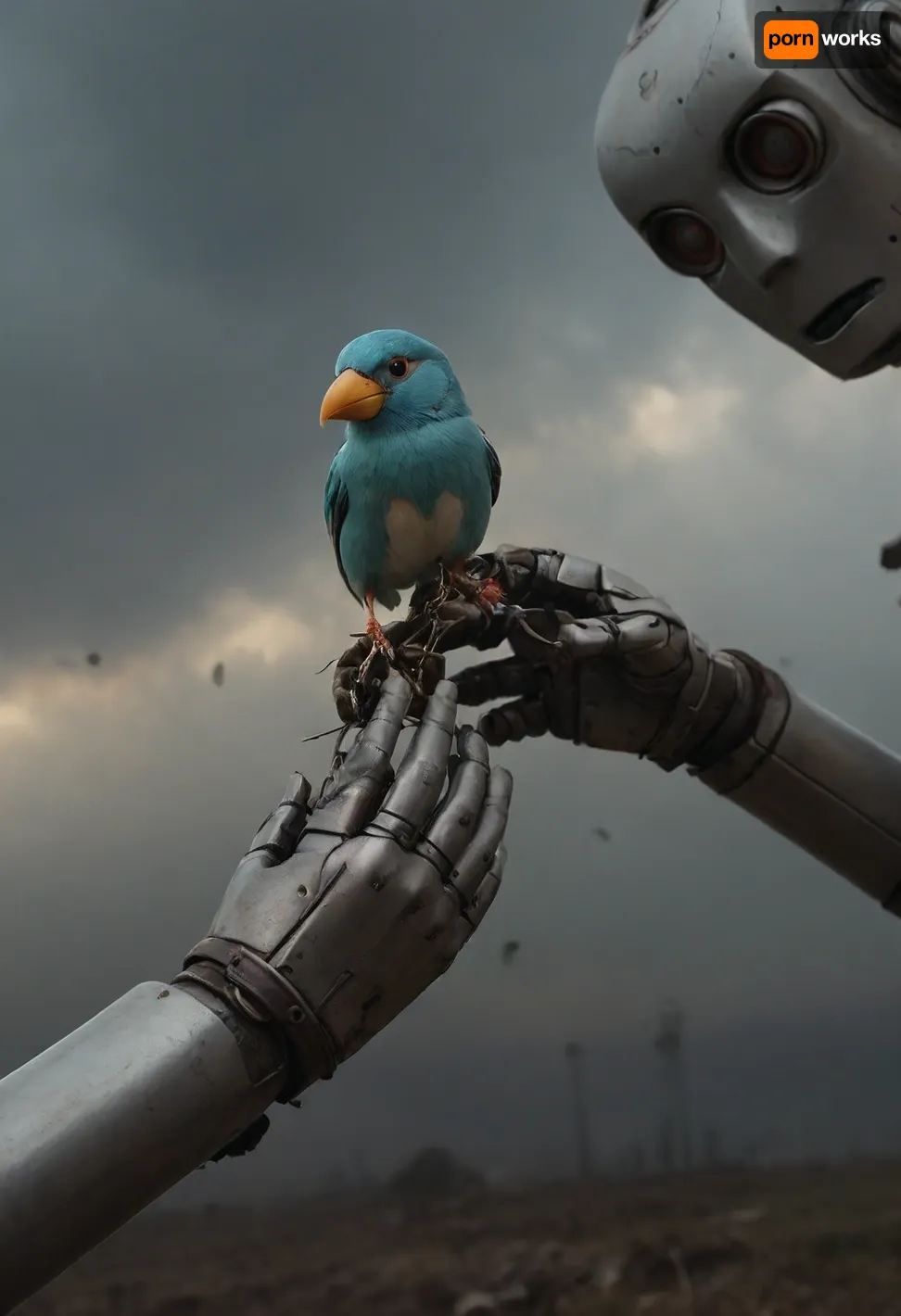 close up of, (Bird pecks seeds from outstretched metal hand:1.6), (extraordinary cute designed female robot observes the bird on the hand:1.4), cloudy, smoke, atmospheric, clouds, fog, TIE, fighter, <lora:Simon_Stalenhag_LFTL_SDXL:1.7>, <lora:Cloudy_Style:.8>, <lora:TIE fighter:.8>