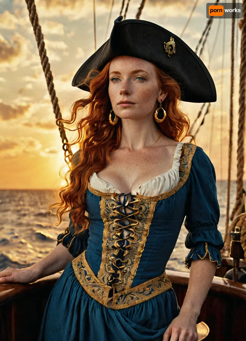(photorealistic), (15th century style), beautiful sexy very petite 33 year old woman, (long ginger hair), very small breasts, freckles, high detail, on a pirate sailing ship, on deck, (blue vintage camisole dress), (black tricorn hat), (sea waves in the background), (sunset, golden hours lighting), (gold earrings), <lora:add-detail-xl:.8>