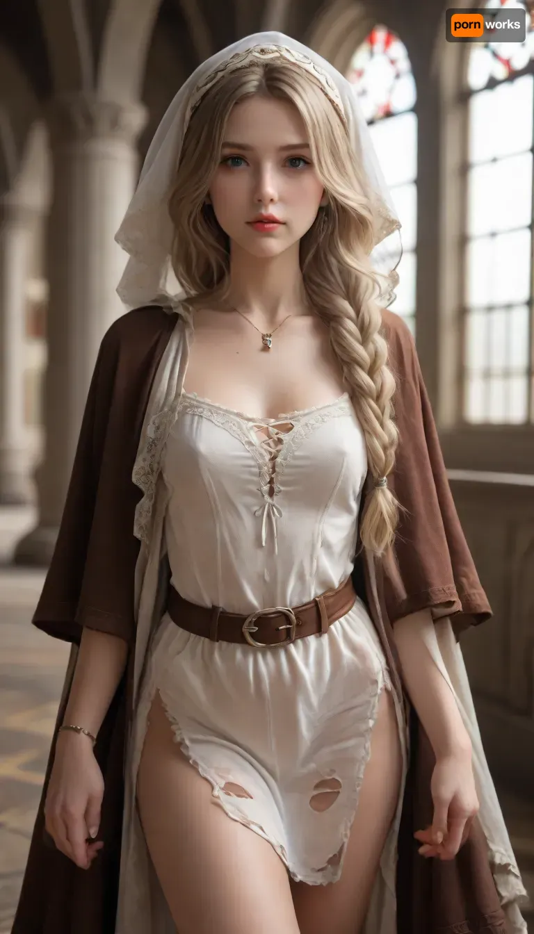 Best quality, masterpiece, high resolution, 8k wallpaper, high quality UHD, high detail 8K, perfect lighting, best shadow, best frame, dark theme.

Blonde thick lush hair, pulled back in a simple braid, a few strands pulled out to frame her wide cheekbones, nose slightly upturned, lips nicely plump.

European MILF, mature woman 40 years old, MILF figure, muscular build, tall toned build, long slender legs.

Huge tits, flat chest, gigantic dark nipples.

Thick huge ass, round curvy buttocks, toned thighs, curvy lower body, slim waist.

A woman is a medieval witch, in a dark old room of a castle

Description of the clothing of a medieval "witch"

Clothing, Dress, Worn, dark in color, (often gray, brown or black, due to the cheapness of the dyes), . The dress is long, with wide sleeves, roughly sewn from homespun linen or wool.

Apron, Always with her, dirty, torn, with stains from herbs or animal blood, (in the case of healers or midwives), .

Cape or cloak, Old, made of woolen fabric, often with a hood. In the cold season, the main protection from the cold. Sometimes a talisman or amulet is sewn in.

Belt, Made of rope or leather, to which a bag of herbs, a knife or other "witch" items could be tied.

Head, Hair was rarely covered—often loose, (a sign of "uncleanness"), disheveled, or tangled. If there was a headscarf, it was an old, dark-colored one., venusbody