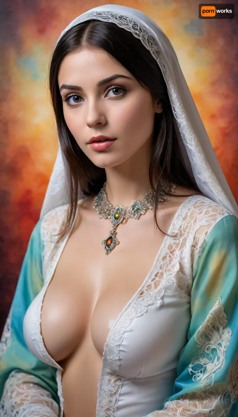 Portrait of a tin, inteligent 18 years old, young, lusty Italian beauty partialy in national nun costume, black dred hair, very dark skin, naked extra big tits, extra big niples, shaped to front, all body, open legs, showing pussy and one naked small boobs, Tuching open pussy by fingers, lace filigree of bright, rich color. Super clear, highly detailed watercolor, glaze technique, plus colored alcohol ink, style of V. Vasnetsov