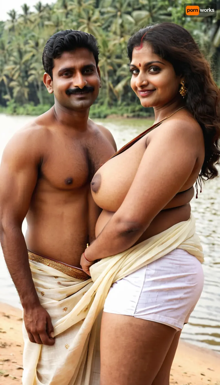 Afternoon by a serene riverside, warm natural lighting. Indian MILF woman, 40 years old, brown skin, curvy, tall, voluptuous body, Balloon boobs, wearing a tightly draped, seductive kerala saree with intricate golden embroidery. Indian young man, 20 years old, dark brown skin, short height, average build, wearing casual shorts and a white t-shirt. Both standing close, shy smiles, eyes locked with anticipation. both looking each other, a small distance maintained between each.
The setting is lush greenery by the water, gentle breeze moving the saree slightly.
both looking each other.Boy shorter than lady, kasavu, <lora:kasavu_saree:.8>, skin, <lora:Darker_skin_SDXL:.8>, puffy, nipples, dark, ghost, wide, <lora:Nipples XL:.8>, <lora:SDXLHighDetail_v6-000005:.8>, facial, expression, <lora:Expressions XL:.8>