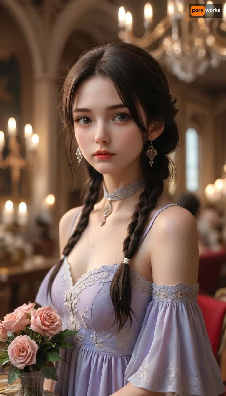 45 year old, thai, lady, Couture, black hair, Colourful steam, beautiful lady arranging flowers in a antique vase, long pale purple gown, jade collar, delphiniums, peony, peppermint, embroidered lace, chandelier, glittery smoke, beautiful model braided hairstyle, light rose, light pink, light yellow, soft blue, and peach, <lora:MJ52:.7>, <lora:MJ52:.8>