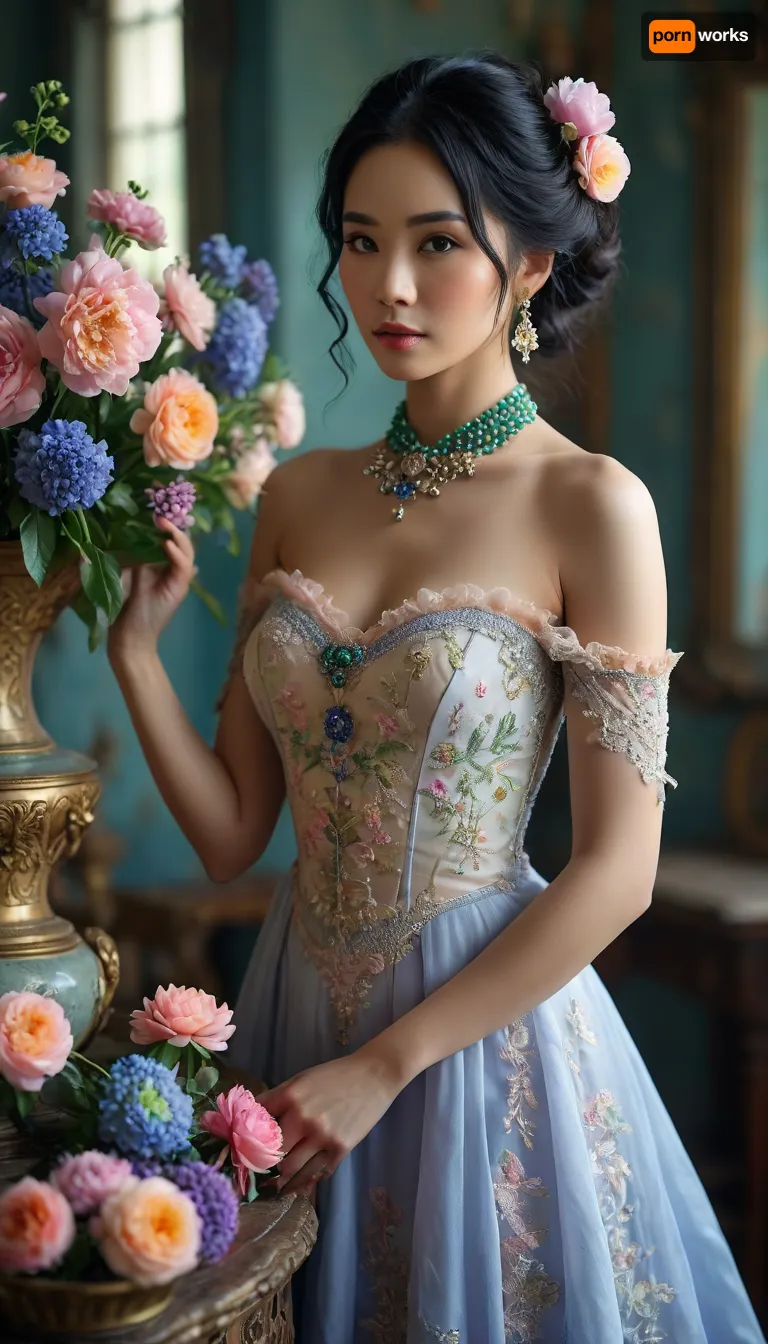45 year old, thai, asian, lady, Couture, black hair, Colourful steam, beautiful lady arranging flowers in a antique vase, long pale purple gown, jade collar, delphiniums, peony, peppermint, embroidered lace, chandelier, glittery smoke, beautiful model braided hairstyle, light rose, light pink, light yellow, soft blue, and peach, <lora:MJ52:.7>, <lora:MJ52:.8>