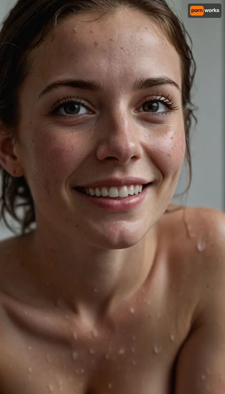 holding breasts, ultra-realistic, 8k resolution, ultra-detailed, Instagram model, just out of the shower, open the shower door, wet skin, water droplets, wipe hair, dark hair color, nude, medium breasts, smile, Nordic, playful, freckles on the face, slim figure, athletic figure, lifelike face, real face, real vagina, ((submissive)), ((lovely)), ((in very sexual erotic pose)), brown short hair, short ponytail, full body, (full body view), (prominent feet), (perfect detailed toes), (high detailed legs), (high detailed hands), ((very much want have sex)), ((high detailed pores on skin)), well-build body, medium tits, small lips, lots of freckles face and skin, blush on the checks and nose, ((raised nasal tip, upturned button nose, upturned nose, delicate nose, nose)), hypnotized loving grey eyes, brown wild wet hair with sidelocks, very sexy smile