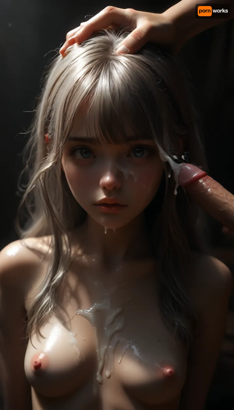 Rating_explicit, ethereal fantasy photography, (score_9, score_8_up, sharp focus, masterpiece, perfect eyes), young face, perfect lighting, (best lighting on tits), highest quality, ultra-detailed images, fine details, high resolution, 8k, uncensored, shiny_skin, (bangs messy long grey hair), (long hair), petite, Euro-American, Incredibly beautiful girl, (small body), slim body, short proportional girl, (young adult:1.6), (with natural minimal makeup), ((glossy skin:1.3)), (((Curvy))), (White skin), head, 1girl, nipples, (tiny_body), skinny collarbone, small_breasts, medium_breasts, grey_eyes, very detailed face, seductive pose, (Sweat), (her face and expression showing a mix of submission and ecstasy and exhaustion), big round athletic ass, ((half open eyes)), (lustful face), luscious sensual lips, natural beauty, very sweet seductive smile, lying back on black sofa, arms open wide, legs up, eyes looking off to the side, realistic gooey thick white cumshots, cum facial, a lot of Cum on her face, cum on eyelashes, excessive extreme cumshots dripping down her body, puffy dark pink nipples, thick gooey cum dripping from breasts, Cum on her eyelids, excessive Cum on her cheeks, her face wet with Cum, excessive Cum on her pink lips. excessive Cum on her hair, excessive cum is dripping from face down her body, bukkake cum between breasts, woman, cum, on, face, SDXL_BetterFaces-LoRA_v1, .5>, (((grab erect vien preculum cock lyen on head, open mount for cumming))), ((dark background)), <lora:reallora1:.8>, <lora:dark:.2>, <lora:Oxygen girl_SDXL1.0:.8>, <lora:MJ52:.8>, <lora:BUT_SDXL_SHS:.8>