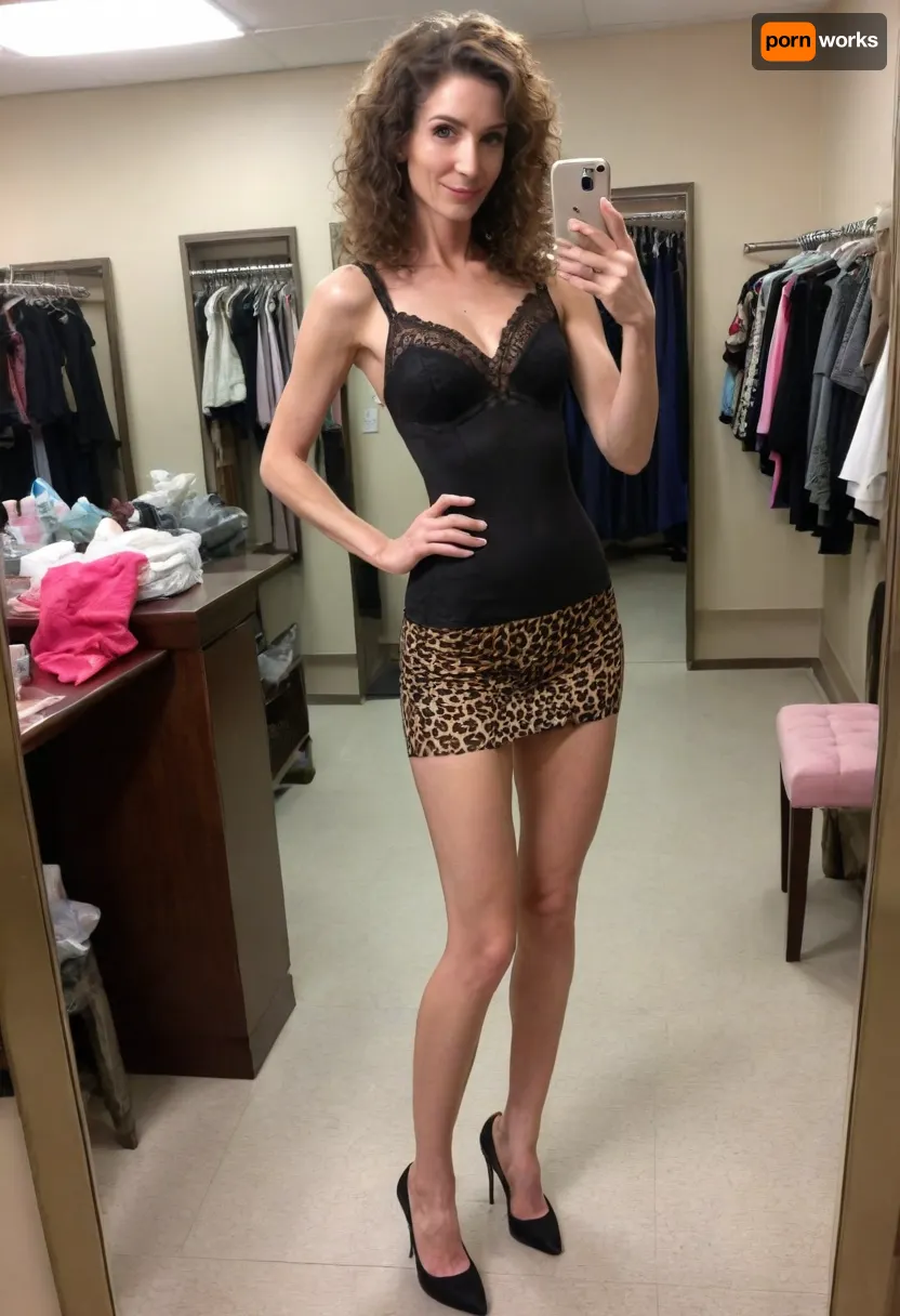 Full body shot, beautiful sexy skinny slender 50 year old brunette layer, tight black dress, cleavage and high heels, black high class bra, small breasts, upskirt, slutty seductive cougar, fit milf, thigh high stockings, gantry belt, sexy skinny legs, no makeup, Brown eyes, curly short hair, mirror selfie, public fitting room, good hands, perfect fingers, black high heels, legs open wide, leopard camouflage pantie, (vagina), (shaved pussy), A selfie of me standing in front of a mirror of a changing stall with my legs spread wide. I'm wearing sexy lingerie and high heels, I look directly into the camera. I'm also holding my phone in one hand and with the other hand I touch my Vagina., (Skinny:1.7)
