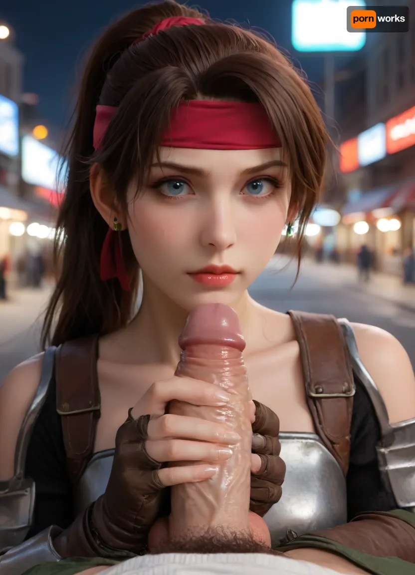 (Masterpice), (HD4K visual), (detailed background), 4K ultra-detailed image, HDR, enhancement, professional photography, precise anatomy, (perfect symmetry, 5 fingers per hand), realistic textures, maximum resolution, sharp focus, NSFW, picture, Jessie Rasberry from Final Fantasy VII with brown hair in a ponytail, a red headband, athletic body, chest armor from the game Final Fantasy VII, green baggy combat pants, metal armor and boots, squattingcowgirl, pussypenetration, one nude man out of view, gigantic thick vainy penis, penis to big to fit, at night, neon shop signs lighting, close up, clear view, ff7, jessie, facial, expression, ratatatat74, incase, style, <lora:ff7 jessie:1.4>, <lora:Expressions XL:1.4>, <lora:ratatatat74-000050:1.4>, <lora:287175_training_data:1.3>