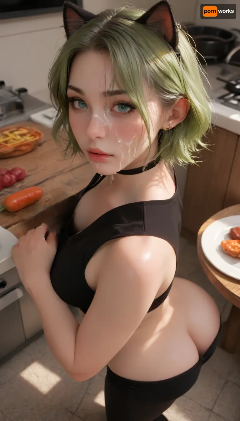 (Masterpice), HD4K visual, clear background, clear model, One Middle age Caucasian White woman, nerrow face, beautiful eyes, nose ring, ear rings, black choker, tounge ring, (bright neon green hair), in pigtails, black cat ears, dark goth makeup, tall, slim body, thick ass, small perky pointed breasts, sleeveless crop top, black skin tight leggings, top pulled up, leggings pulled down, cum on face, globs of cum on breasts, cum on ass, horny expression, in a kitchen, (holding steak and potatoes on a plate), bending over a stove, at night, kitchen lights on, detailed background, close up, from above view, focus ass, incase, style, ratatatat74, woman, cum, on, face, <lora:287175_training_data:1.4>, <lora:ratatatat74-000050:1.4>, <lora:JustCum:1.4>, zavy-hrglw, <lora:zavy-hrglw-sdxl:.8>