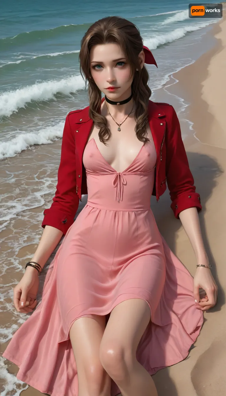 (Masterpice), (HD4K visual), (detailed background), 4K ultra-detailed image, HDR, enhancement, professional photography, precise anatomy, (perfect symmetry, 5 fingers per hand), realistic textures, maximum resolution, sharp focus, NSFW, picture, Aerith Gainsborough from Final Fantasy VII wearing a, ((long pink dress)), athletic body, black and a short red jacket, hairy pussy, small breasts, perky pointed nipples, wet clothes, laying down, washed up on shore, wide shot, on a beach, waves in backgrownd, sunny, day time, sun beaming down, incase, style, ratatatat74, defaerith, braided, ponytail, hair, bow, pink, choker, necklace, cropped, jacket, red, short, sleeves, dress, long, altaerith, very, ribbons, drill, star, ballgown, bare, shoulders, strapless, plunging, neckline, <lora:287175_training_data:1.4>, <lora:ratatatat74-000050:1.4>, <lora:aerith-xl-nvwls-v1:1>, <lora:add-detail-xl:2>