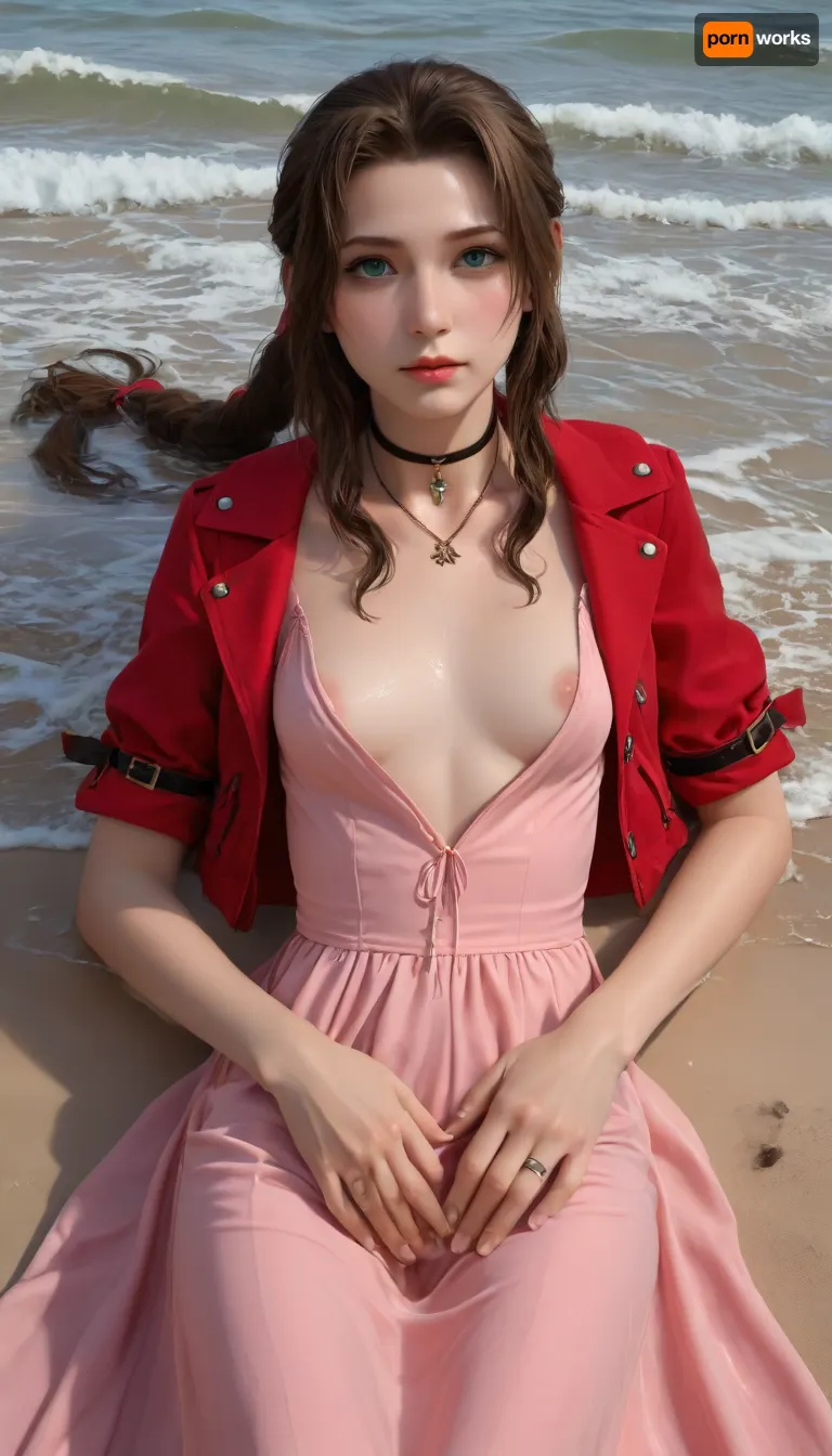 (Masterpice), (HD4K visual), (detailed background), 4K ultra-detailed image, HDR, enhancement, professional photography, precise anatomy, (perfect symmetry, 5 fingers per hand), realistic textures, maximum resolution, sharp focus, NSFW, picture, Aerith Gainsborough from Final Fantasy VII wearing a, ((long pink dress)), athletic body, black and a short red jacket, hairy pussy, small breasts, perky pointed nipples, wet clothes, laying down, washed up on shore, wide shot, on a beach, waves in backgrownd, sunny, day time, sun beaming down, incase, style, ratatatat74, defaerith, braided, ponytail, hair, bow, pink, choker, necklace, cropped, jacket, red, short, sleeves, dress, long, altaerith, very, ribbons, drill, star, ballgown, bare, shoulders, strapless, plunging, neckline, <lora:287175_training_data:1.4>, <lora:ratatatat74-000050:1.4>, <lora:aerith-xl-nvwls-v1:1>, <lora:add-detail-xl:2>