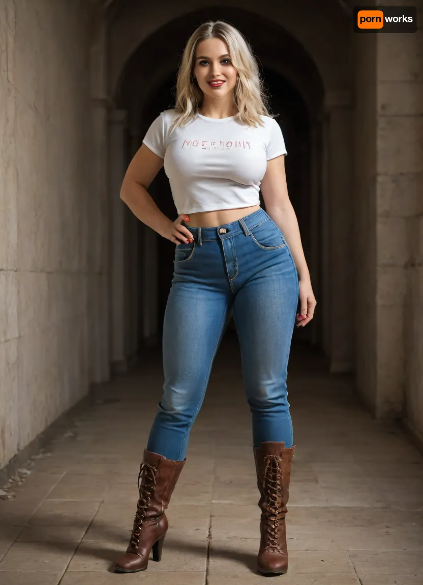 Gorgeous milf is 40 years old, her height is 165 centimeters, her weight is 55 kilograms, broad forehead, straight pointed nose, almond-shaped blue eyes, platinum blonde hair, very long hairstyle, thick silky hair, bright makeup, high cheekbones, toned slim face, straight chin, thick eyelashes, steep arch thin eyebrows, white even teeth in mouth, joyful smile, (legs:1.3), with radiant skin, (breasts under long t-shirt, blue long jeans, high heel gladiator boots), light skin color, warm skin, fit body, fit legs, fit physique, sexy big hips, hourglass figure, (round fake breasts, (DDD-CUP), silicone breasts, bouncy breasts), highly detailed breasts, highly detailed skin, highly detailed face, highly detailed teeth, highly detailed hands, highly detailed arms, highly detailed fingers, highly detailed nails, highly detailed lips, highly detailed eyes, highly detailed legs, highly detailed hair, realistic, (best quality), masterpiece, high resolution, wallpaper 8k, UHD, (high quality), (super detail), 8K, (highest quality), (best details), (perfect lighting), perfect natural lighting, (best shadow), (best shot), (best lighting), (best shadow, best shaded shadows), shot with a Nikon Z7 II camera, narrow waist is 70 centimeters, rounded hips, very high legs, very big bright red lips, plump red lips, fingers with red manicure, yellow gold earings, luxury hooker, she is walking inside a castle, in mountains.