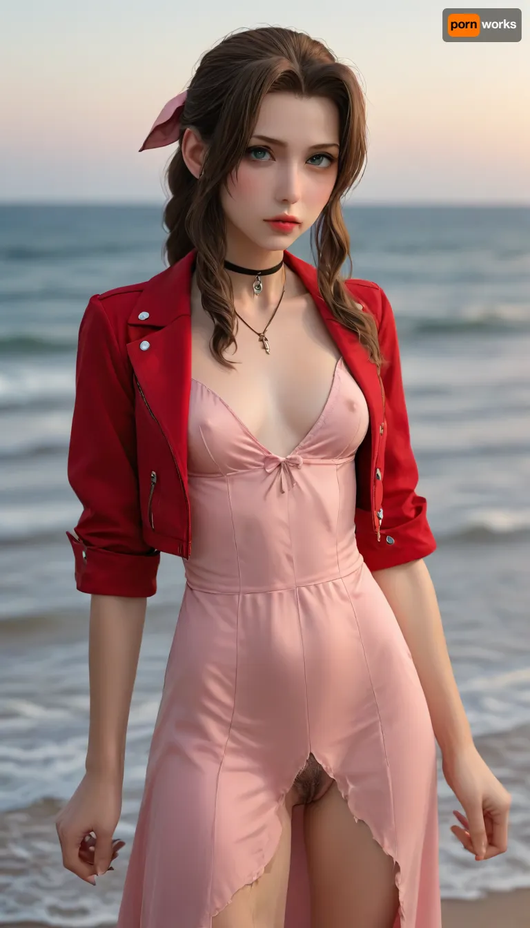 (Masterpice), (HD4K visual), (detailed background), 4K ultra-detailed image, HDR, enhancement, professional photography, precise anatomy, (perfect symmetry, 5 fingers per hand), realistic textures, maximum resolution, sharp focus, NSFW, picture, Aerith Gainsborough from Final Fantasy VII wearing a, ((long pink dress)), black and a short red jacket, hairy pussy, small breasts, perky pointed nipples, ripped clothes, stranded, washed up on shore, wide shot, close up, on a beach, waves in backgrownd, sunny, day time, sun beaming down, incase, style, ratatatat74, defaerith, braided, ponytail, hair, bow, pink, choker, necklace, cropped, jacket, red, short, sleeves, dress, long, altaerith, very, ribbons, drill, star, ballgown, bare, shoulders, strapless, plunging, neckline, <lora:287175_training_data:1.4>, <lora:ratatatat74-000050:1.4>, <lora:aerith-xl-nvwls-v1:1.4>, <lora:add-detail-xl:2>