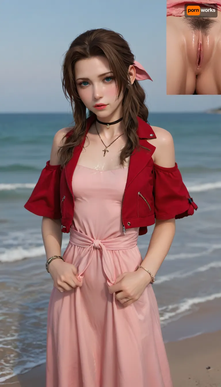 (Masterpice), (HD4K visual), (detailed background), 4K ultra-detailed image, HDR, enhancement, professional photography, precise anatomy, (perfect symmetry, 5 fingers per hand), realistic textures, maximum resolution, sharp focus, NSFW, picture, Aerith Gainsborough from Final Fantasy VII wearing a, ((long pink dress)), black and a short red jacket, hairy pussy, small breasts, perky pointed nipples, ripped clothes, stranded, washed up on shore, wide shot, close up, on a beach, waves in backgrownd, sunny, day time, sun beaming down, incase, style, ratatatat74, defaerith, braided, ponytail, hair, bow, pink, choker, necklace, cropped, jacket, red, short, sleeves, dress, long, altaerith, very, ribbons, drill, star, ballgown, bare, shoulders, strapless, plunging, neckline, bukkake, <lora:287175_training_data:1.4>, <lora:ratatatat74-000050:1.4>, <lora:aerith-xl-nvwls-v1:1.4>, <lora:MS_Real_XL_Bukkake:1.4>, <lora:add-detail-xl:2>