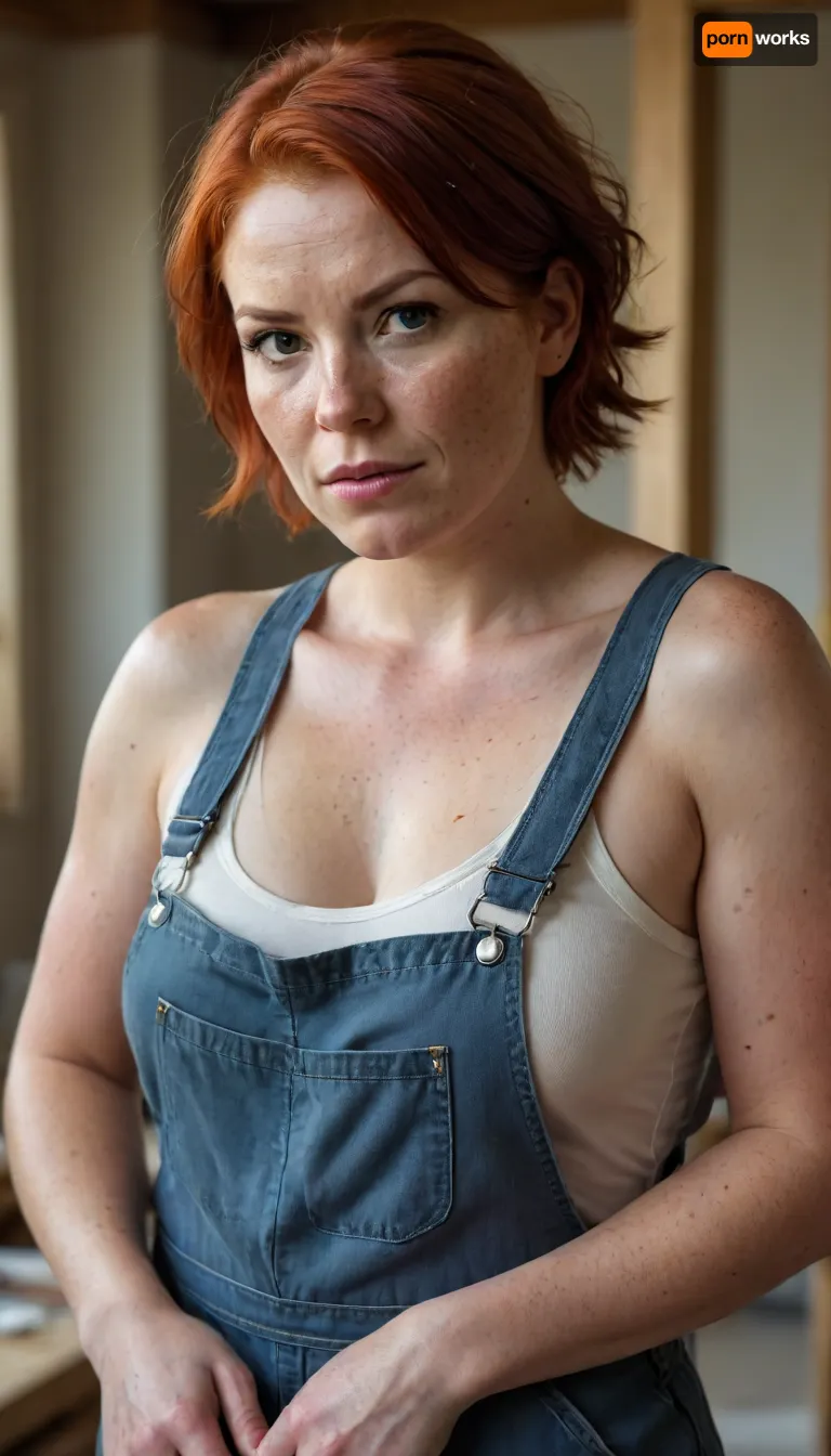 A woman construction painter, a plump mother.Excessively freckled.
A 30-year-old woman.She was working wearing overalls and a very tight T-shirt.It's all stained with paint.
Red-haired, with short hair.Big, very strong shoulders.Very strong forearms.Big boobs.A broad-shouldered mother.A very powerful body. A very angry, angry look at me from under his brows. Big mouth, with big lips.Smirk.A contemptuous, arrogant look full of hatred.