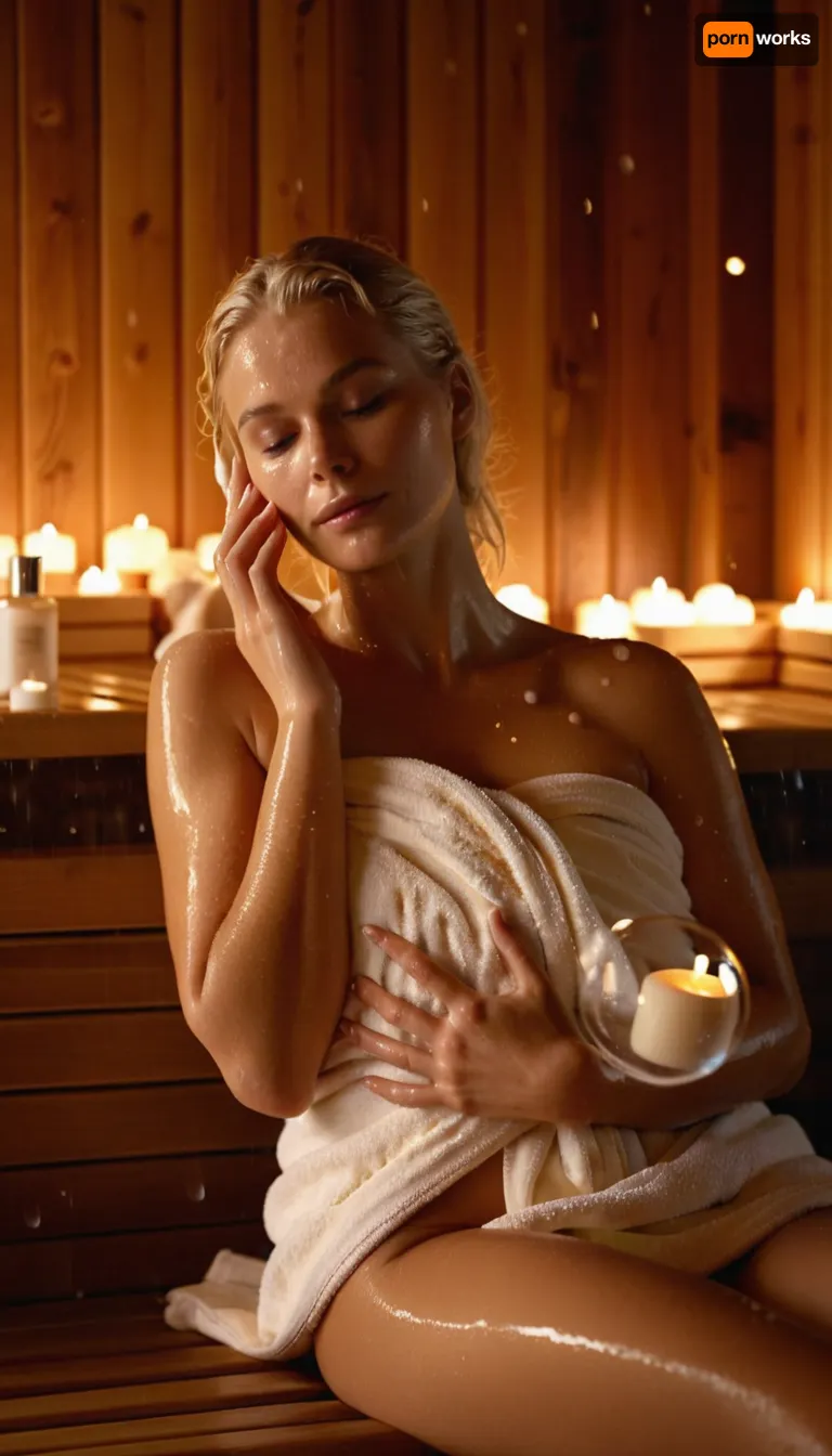 in spa, in wooden sauna, soft lighting, woman wearing a towell, blonde, dressed with towell, caressing her face with cream, oiled body, stunning perfume, soft massage with cream, in hot water pool with bubbles