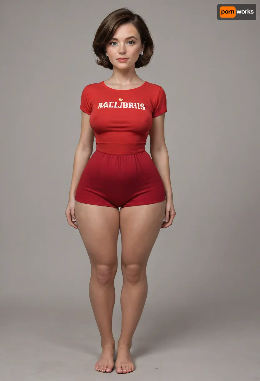 helen parr, mom, married, wife, natural, (wide hips:1.5), (hourglass figure), saggy, ptosis, beautiful face, tan skin, horny expression, wearing, (red, very high waist shorts, red sleeveless v-neck t-shirt shirt tucked in), standing, full body, full waist, (plump pelvis, bulging pubic mound, plump pubis), full lips, plump lips, striking beautiful eyes, captivating eye contact, wearing a wedding ring on her left hand, braless, Wearing, clothes, that, make, sense, with, Braless>, <lora:bralessSDXL_v1_00022:.8>, <lora:Microwaist_XL_v01:.8>