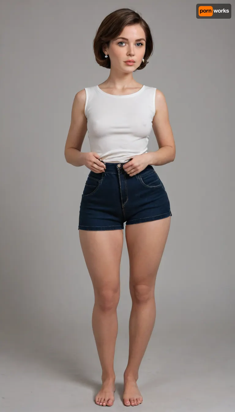 helen parr, mom, married, wife, natural, (wide hips:1.5), (hourglass figure), saggy, ptosis, beautiful face, tan skin, horny expression, wearing, (red, very high waist shorts, plain sleeveless v-neck white t-shirt tucked in), full body view, full waist, (plump pelvis, bulging pubic mound, plump pubis), full lips, plump lips, striking beautiful big eyes, captivating blue eyes, eye contact, wearing a wedding ring on her left hand, braless, Wearing, clothes, that, make, sense, with, Braless>, <lora:bralessSDXL_v1_00022:.8>, <lora:Microwaist_XL_v01:.8>
