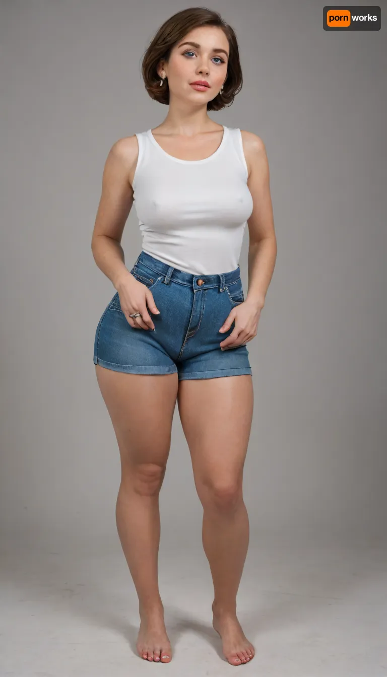 helen parr, mom, married, wife, natural, (wide hips:1.5), (hourglass figure), large saggy breasts, ptosis, beautiful face, tan skin, horny expression, wearing, (red, very high waist shorts, plain sleeveless v-neck white t-shirt tucked in), full body view, full waist, (plump pelvis, bulging pubic mound, plump pubis), full lips, plump lips, striking beautiful big eyes, (captivating striking light blue eyes), eye contact, wearing a wedding ring on her left hand, braless
