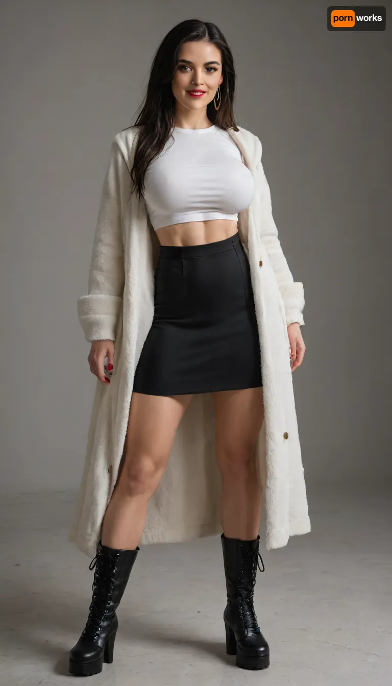 full body view, Single azeri girl is 30 years old, her height is 160 centimeters, her weight is 48 kilograms, bright makeup, high cheekbones, beautiful almond-shaped eyes, real eyes, thick eyelashes, steep arch thick eyebrows, white even teeth in mouth, joyful smile, (legs:1.3), (black high heel platform boots, black stockings, black skirt, breasts under white shirt, under furcoat), with radiant skin, very long straight layered flowing black hair, light skin color, warm skin, skinny body, skinny legs, skinny physique, six-pack, relief toned abs, sexy skinny hips, relief muscles, (huge fake breasts, (DDDD-CUP), perfect round silicone breasts, toned breasts), highly detailed breasts, highly detailed skin, highly detailed face, highly detailed teeth, highly detailed hands, highly detailed arms, highly detailed fingers, highly detailed nails, highly detailed lips, highly detailed eyes, highly detailed legs, realistic, (best quality), masterpiece, high resolution, wallpaper 8k, UHD, (high quality), (super detail), 8K, (highest quality), (best details), (perfect lighting), perfect natural lighting, (best shadow), (best shot), (best lighting), (best shadow, best shaded shadows), shot with a Nikon Z7 II camera, very narrow waist, rounded hips, very high legs, 1girl, very big bright red lips, plump red lips, fingers with red manicure, yellow gold earings, hooker, private garage, getting out of a black limousine.