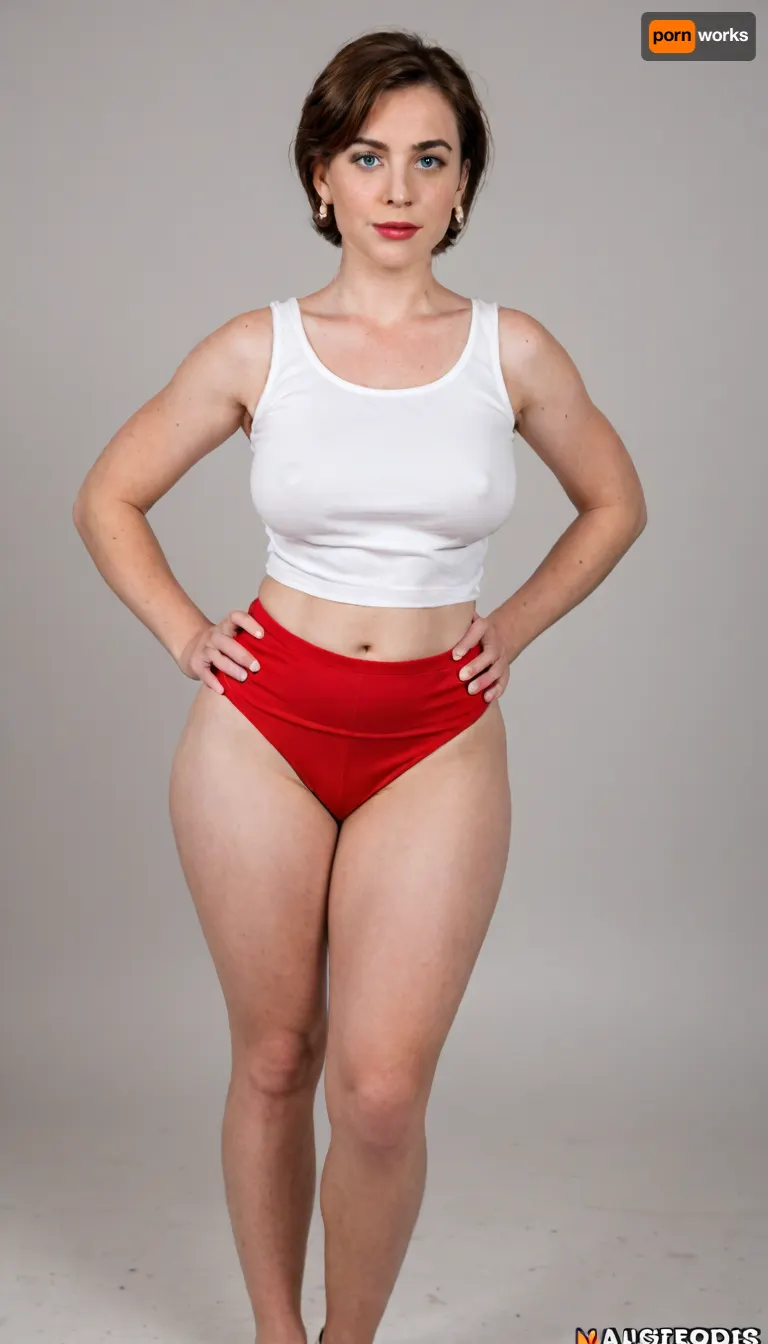 helen parr, mom, married, wife, natural, (wide hips:1.5), (hourglass figure), large saggy breasts, ptosis, beautiful face, tan skin, horny expression, wearing, (red very high waist shorts, plain sleeveless v-neck white t-shirt tucked in), full body view, full waist, (plump pelvis, bulging pubic mound, plump pubis), full lips, plump lips, striking beautiful big eyes, (captivating striking light blue eyes), eye contact, wearing a wedding ring on her left hand, braless