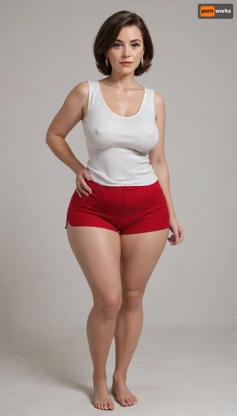 (mature:1.5), helen parr, mom, married, wife, natural, (wide hips:1.5), (hourglass figure), large saggy breasts, ptosis, long hair, beautiful face, tan skin, horny expression, wearing, (red very high waist shorts, plain sleeveless v-neck white t-shirt tucked in), full body view, full waist, (plump pelvis, bulging pubic mound, plump pubis), full lips, plump lips, striking beautiful big eyes, (captivating striking light blue eyes), eye contact, wearing a wedding ring on her left hand, braless