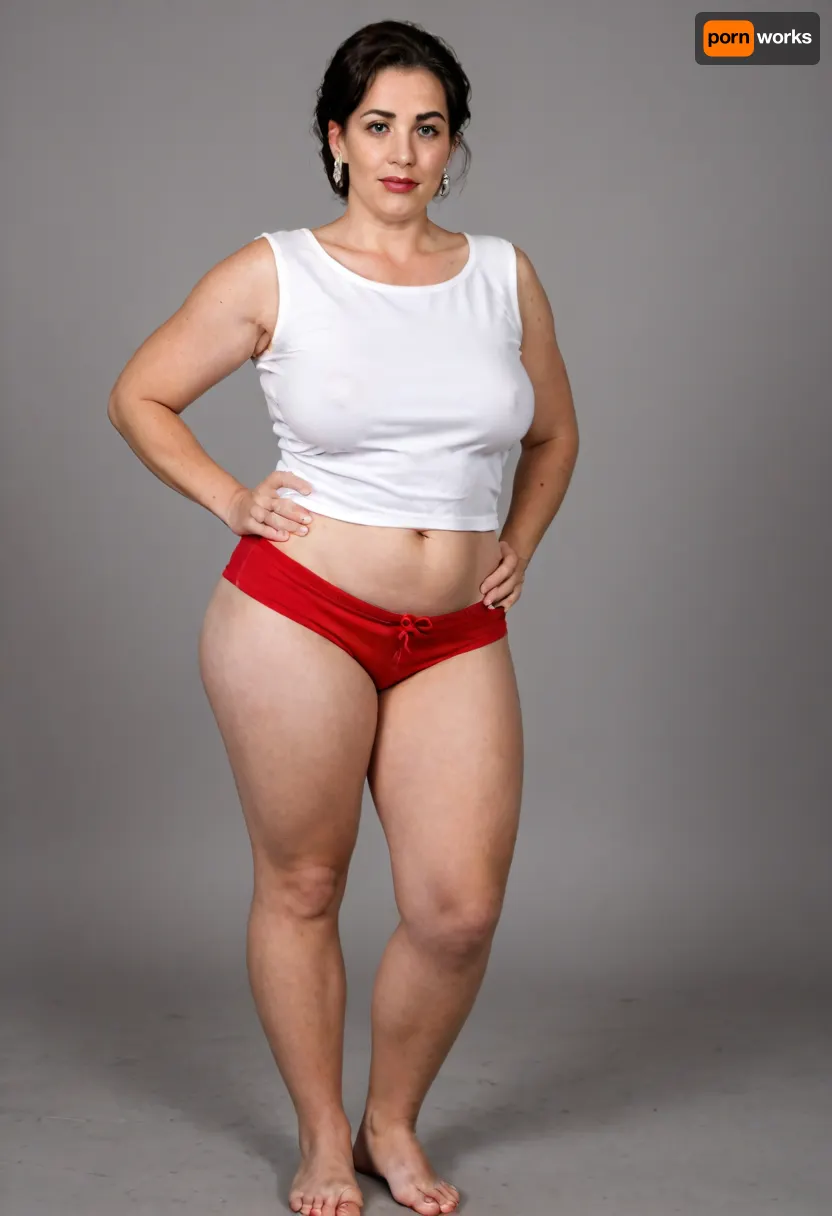 (mature:1.5), mom, married, wife, natural, (wide hips:1.5), (hourglass figure), large saggy breasts, ptosis, beautiful face, tan skin, horny expression, wearing, (red very high waist shorts, plain sleeveless v-neck white t-shirt), full body view, (plump pelvis, bulging pubic mound, plump pubis), full lips, plump lips, striking beautiful big eyes, (captivating striking light eyes), eye contact, wearing a wedding ring on her left hand, braless
