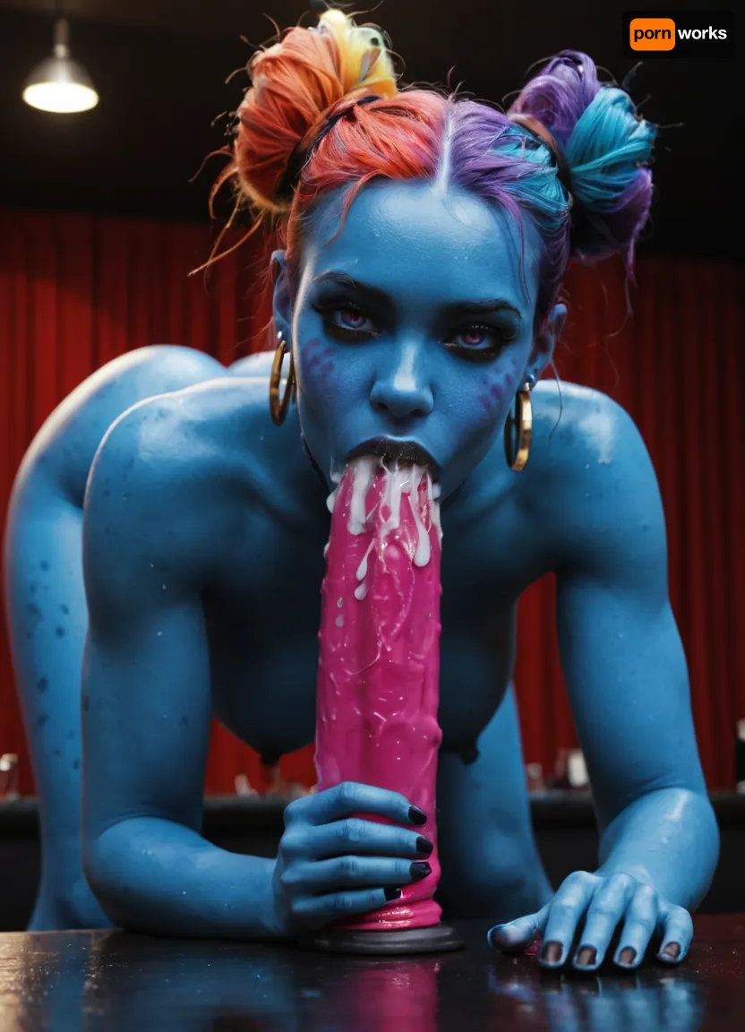 Blue alien stripper in alien strip club, getting fucked doggystyle with a gigantic 3 foot long dildo, dark blue skin, huge tits, rainbow colored hair in 2 buns, beautiful face, strong jawline, European nose, covered in spit and cum